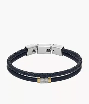 Fossil Machine Knurled Texture Navy Leather Multi - Strand Bracelet
