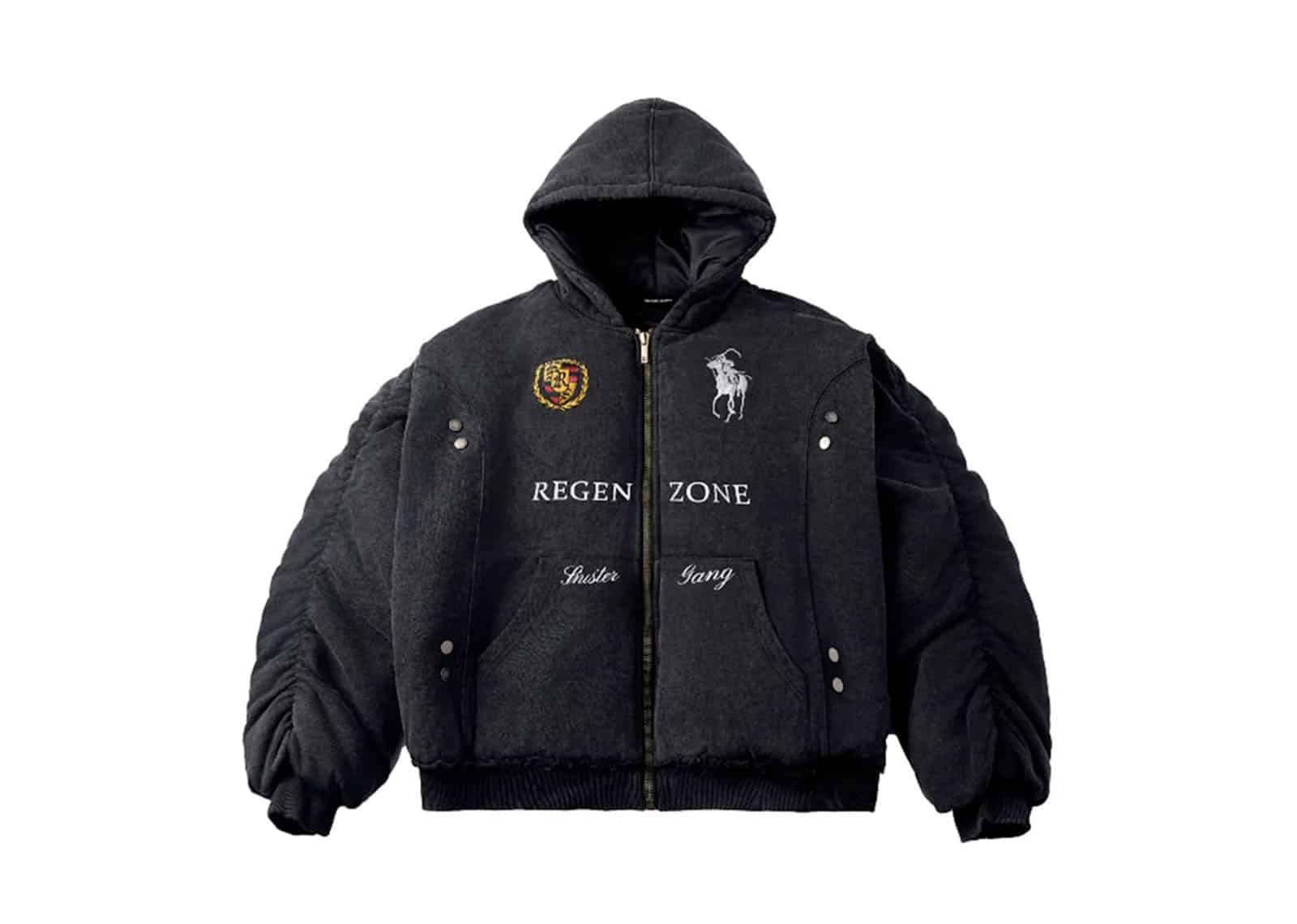 REGEN ZONE Gold - Plated Vintage Racing Embroidered Hooded Jacket Black