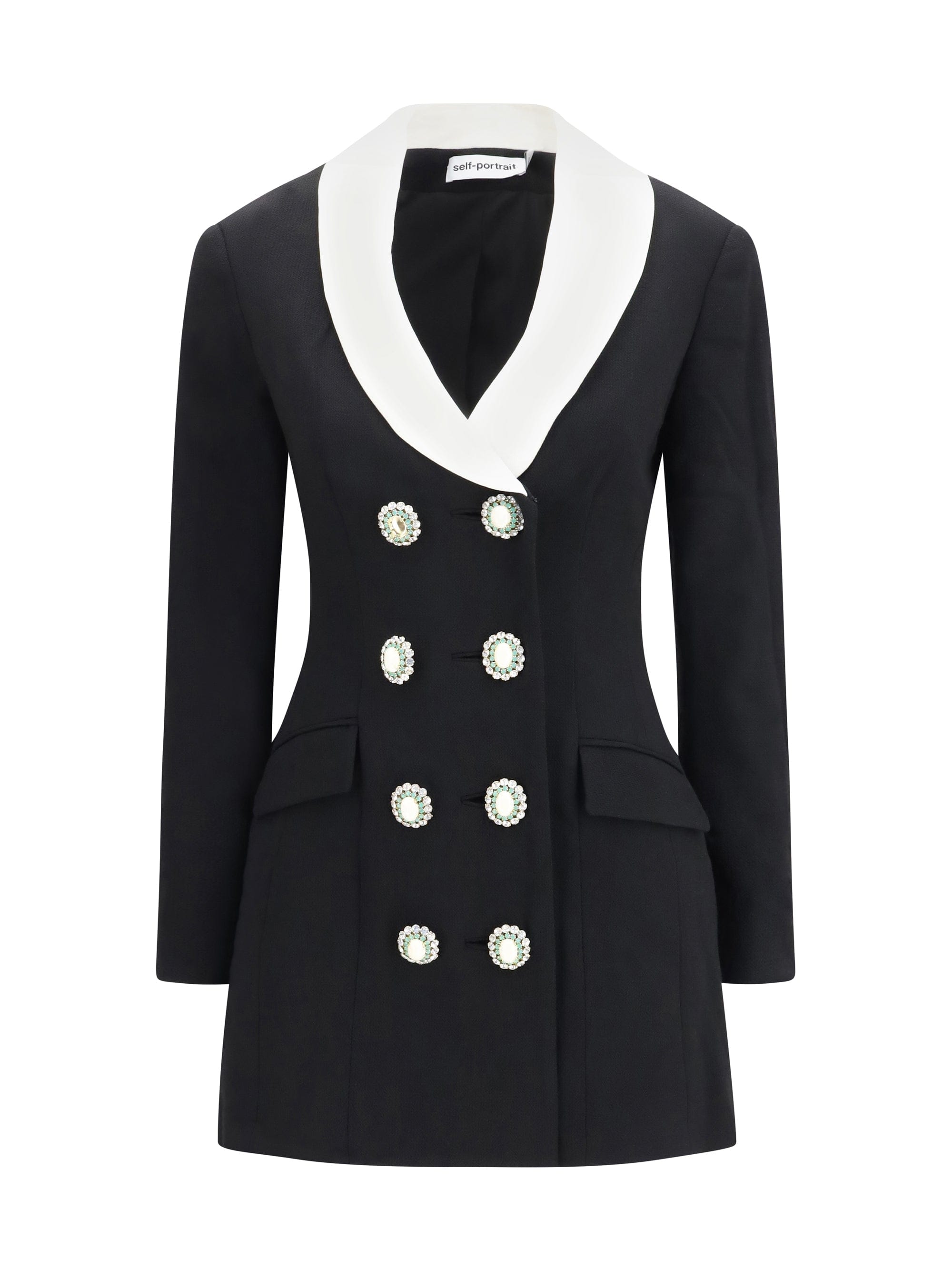 Self - Portrait Double - Breasted Wool with Jeweled Buttons Dress — Black