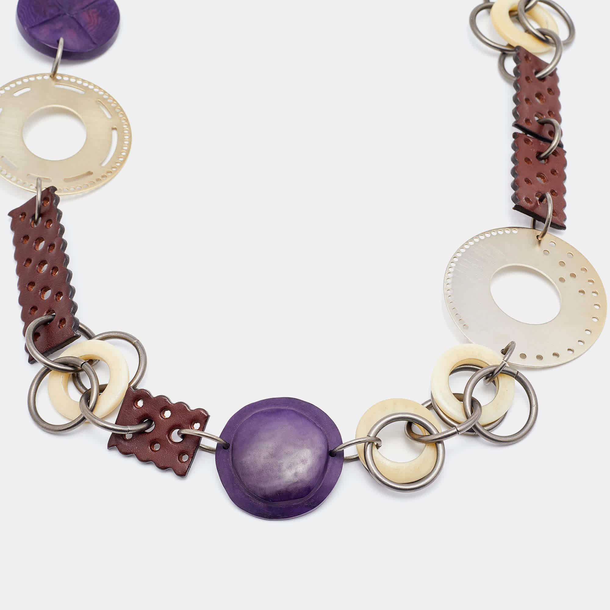 Marni Two - Tone Leather & Wood Chain Link Statement Necklace
