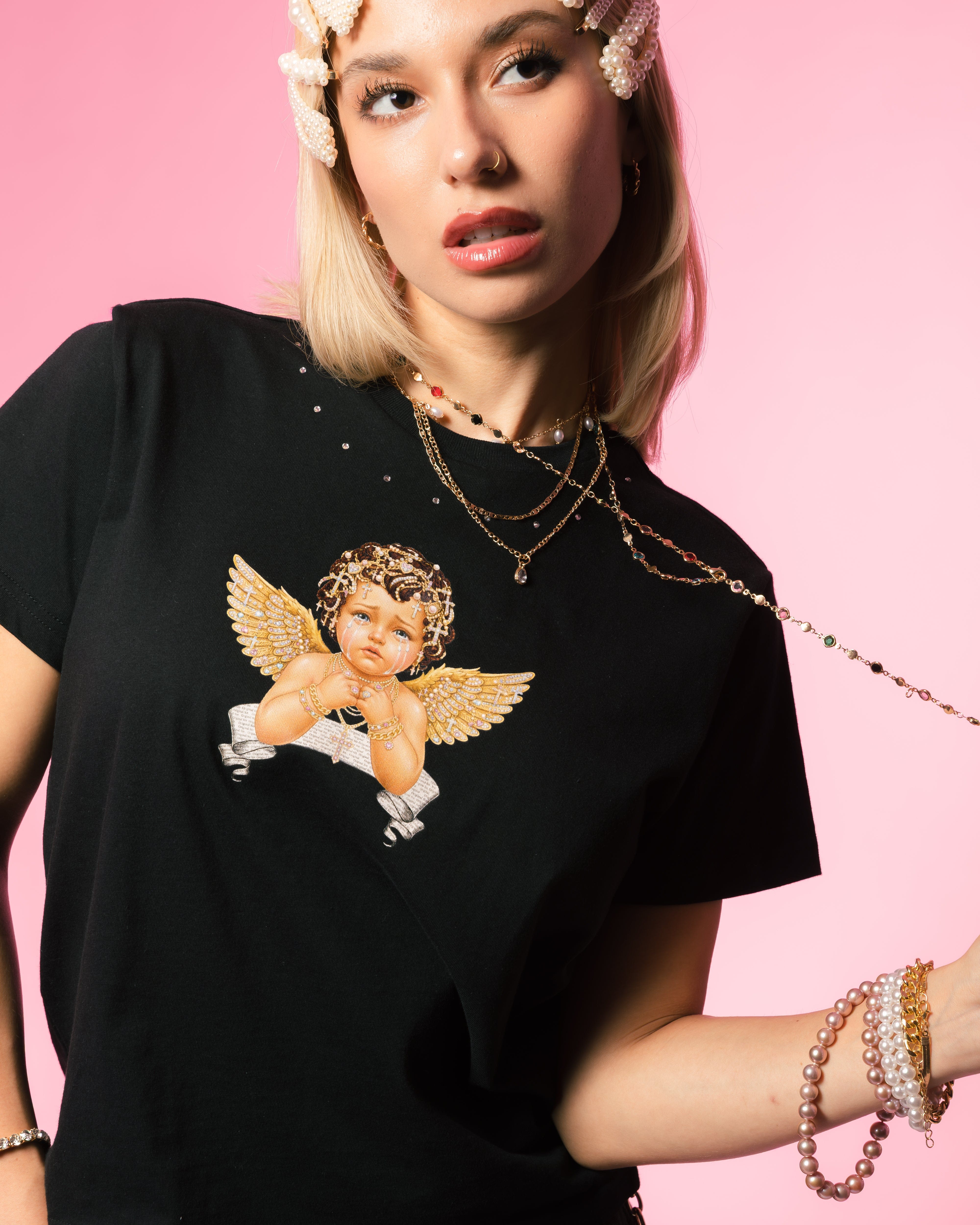 Original SIN Spoiled Angel Cropped Womens Short Sleeve Shirt (Black/Silver)