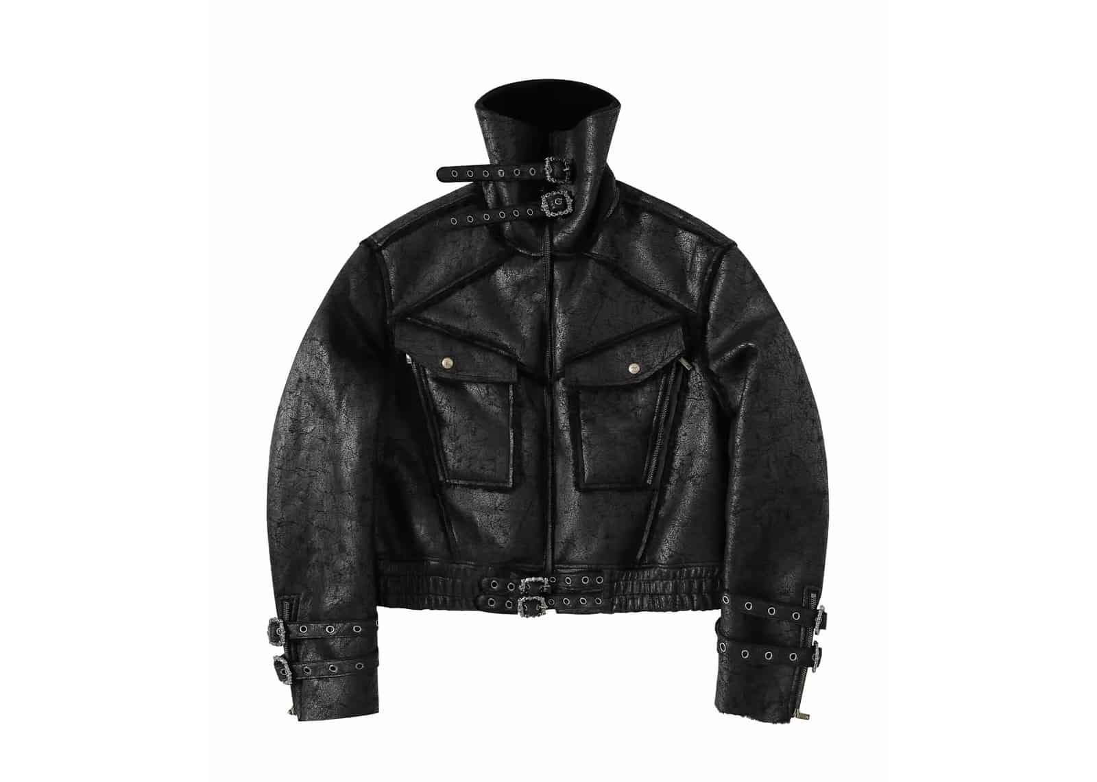 REGEN ZONE 25FW SIAU Black Raven Lace - Up Shearling Leather Jacket Black