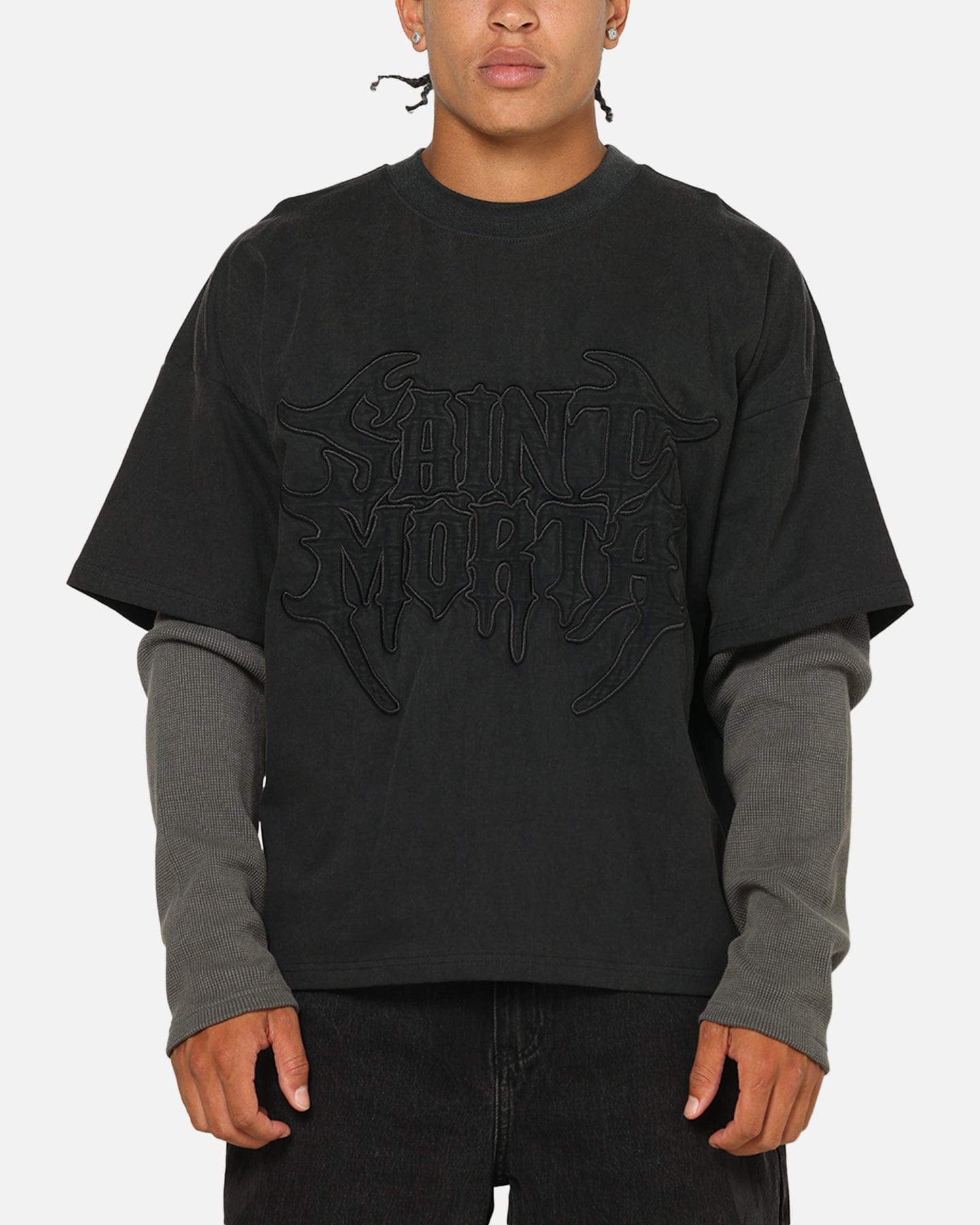 Saint Morta Crested Wing Long Sleeve Layered T - Shirt Vintage Black