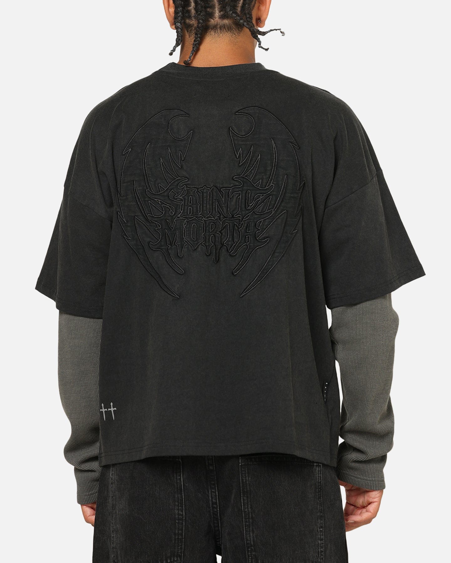 Saint Morta Crested Wing Long Sleeve Layered T - Shirt Vintage Black
