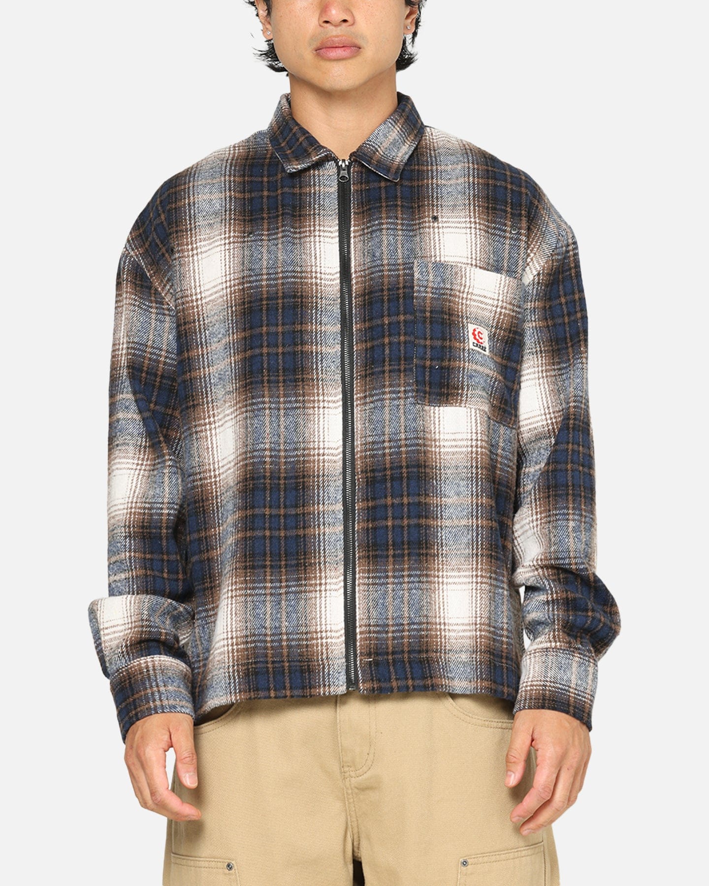 Carre Ombre Zip Up Long Sleeve Shirt Black Plaid