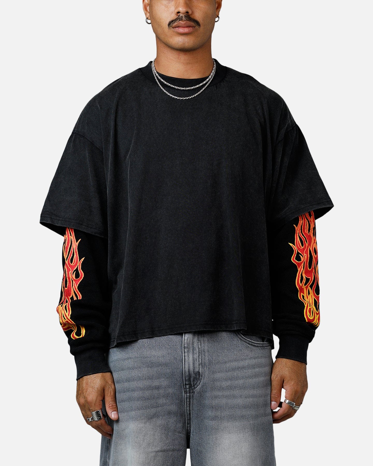 MNML Double Layer Thermal Long Sleeve T - Shirt Washed Black