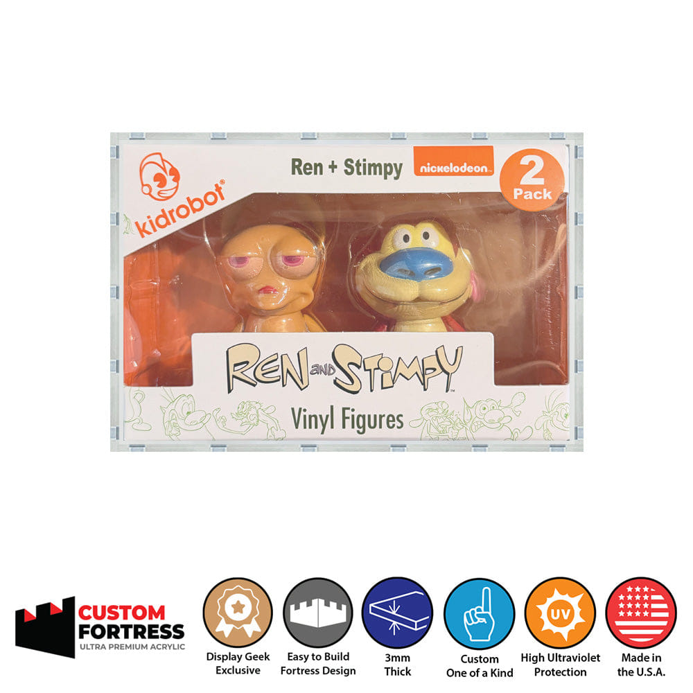 Flying Box Custom Acrylic Hard Case for Kidrobot Ren and Stimpy 2 - Pack Vinyl Figure Box (3 mm thick, UV Resistant) Fits 4.1h x 5.9w x 2.6d