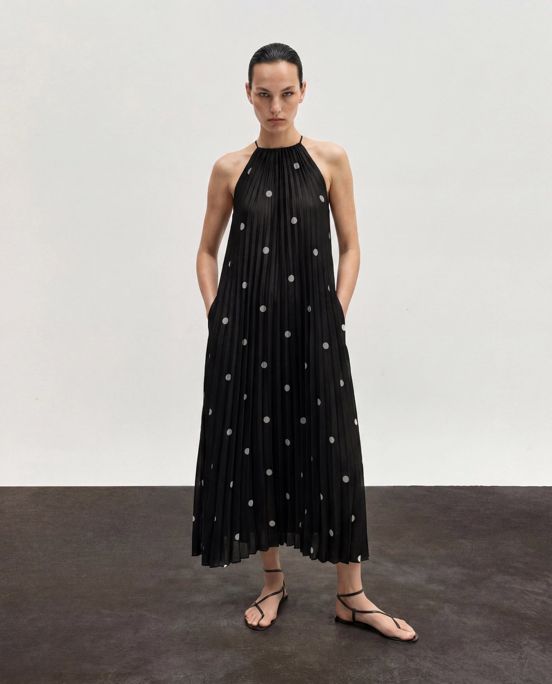 Rareism Women's Poli Black Polyester Halter Neck Button And Zip A - Line Polka Print Dress