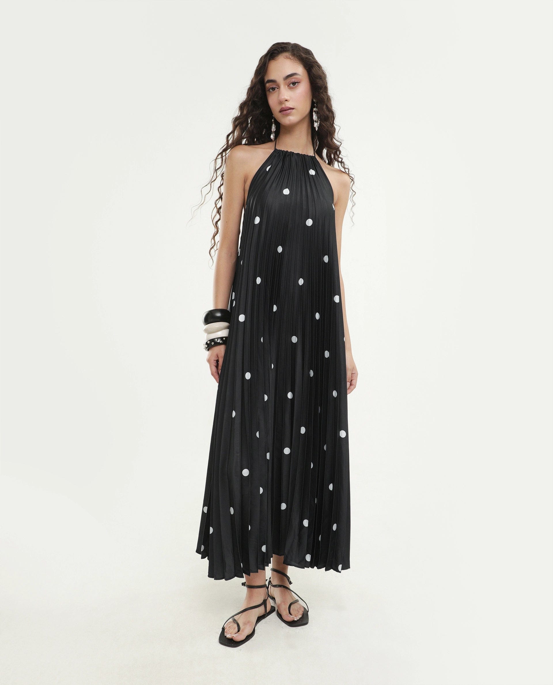 Rareism Women's Poli Black Polyester Halter Neck Button And Zip A - Line Polka Print Dress