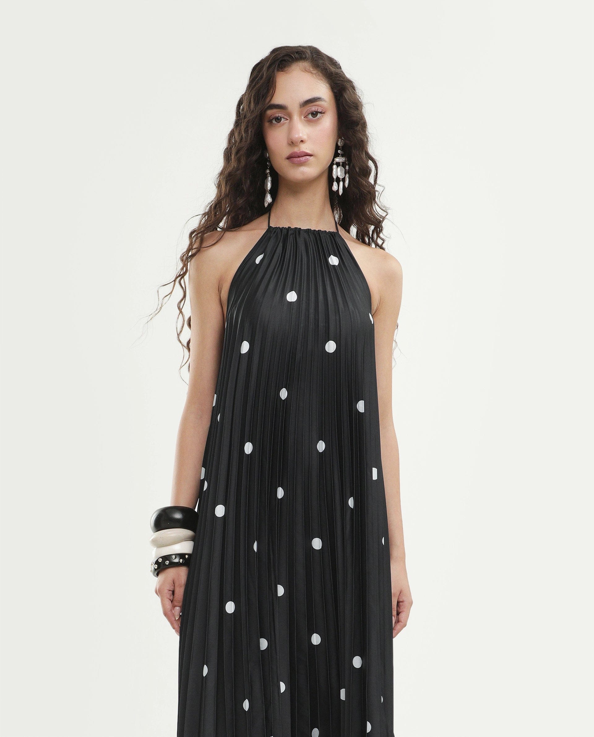 Rareism Women's Poli Black Polyester Halter Neck Button And Zip A - Line Polka Print Dress