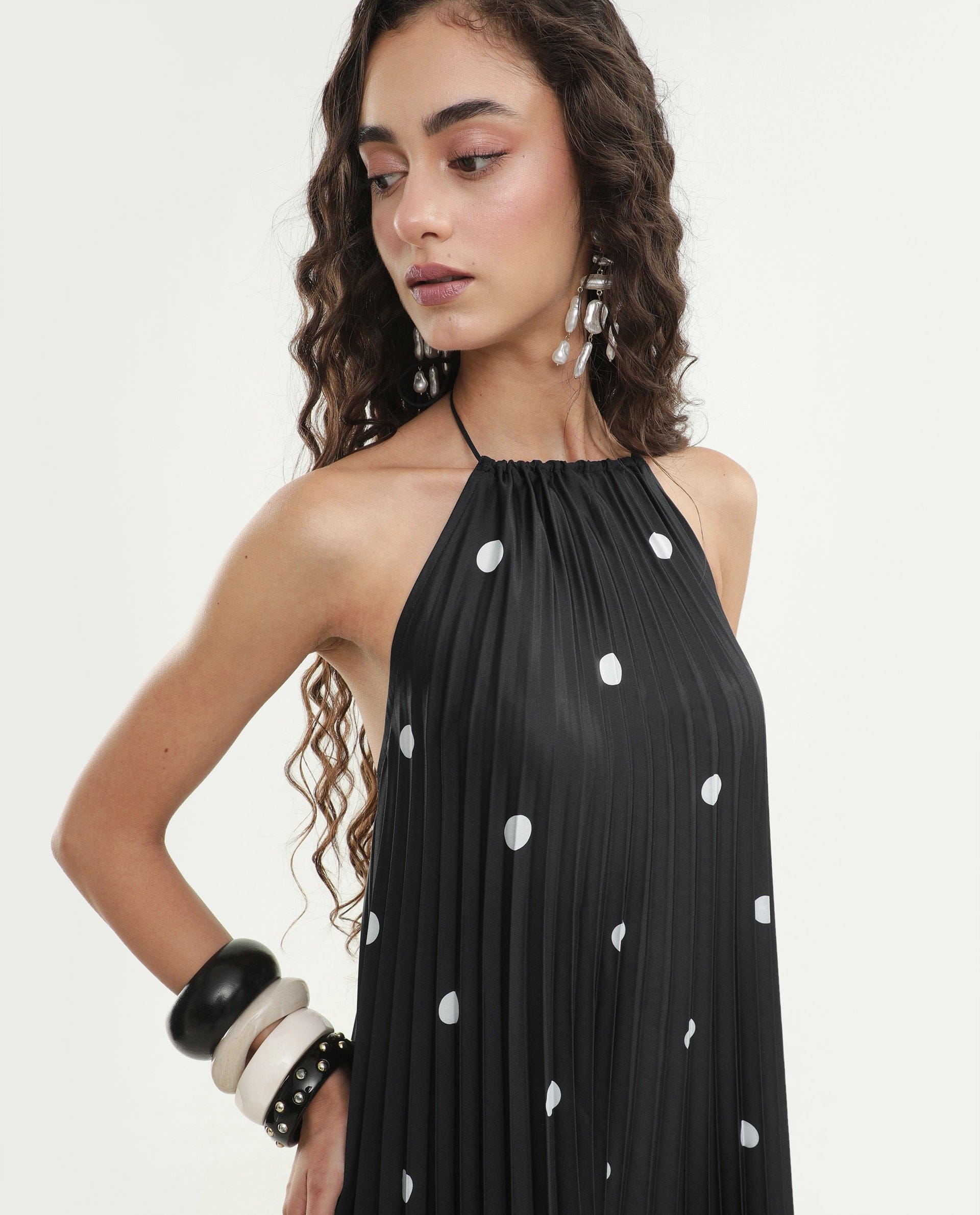 Rareism Women's Poli Black Polyester Halter Neck Button And Zip A - Line Polka Print Dress