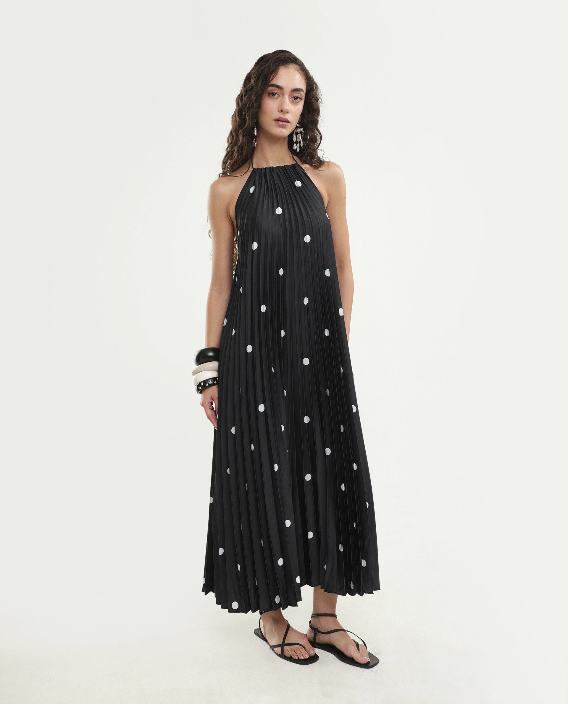Rareism Women's Poli Black Polyester Halter Neck Button And Zip A - Line Polka Print Dress
