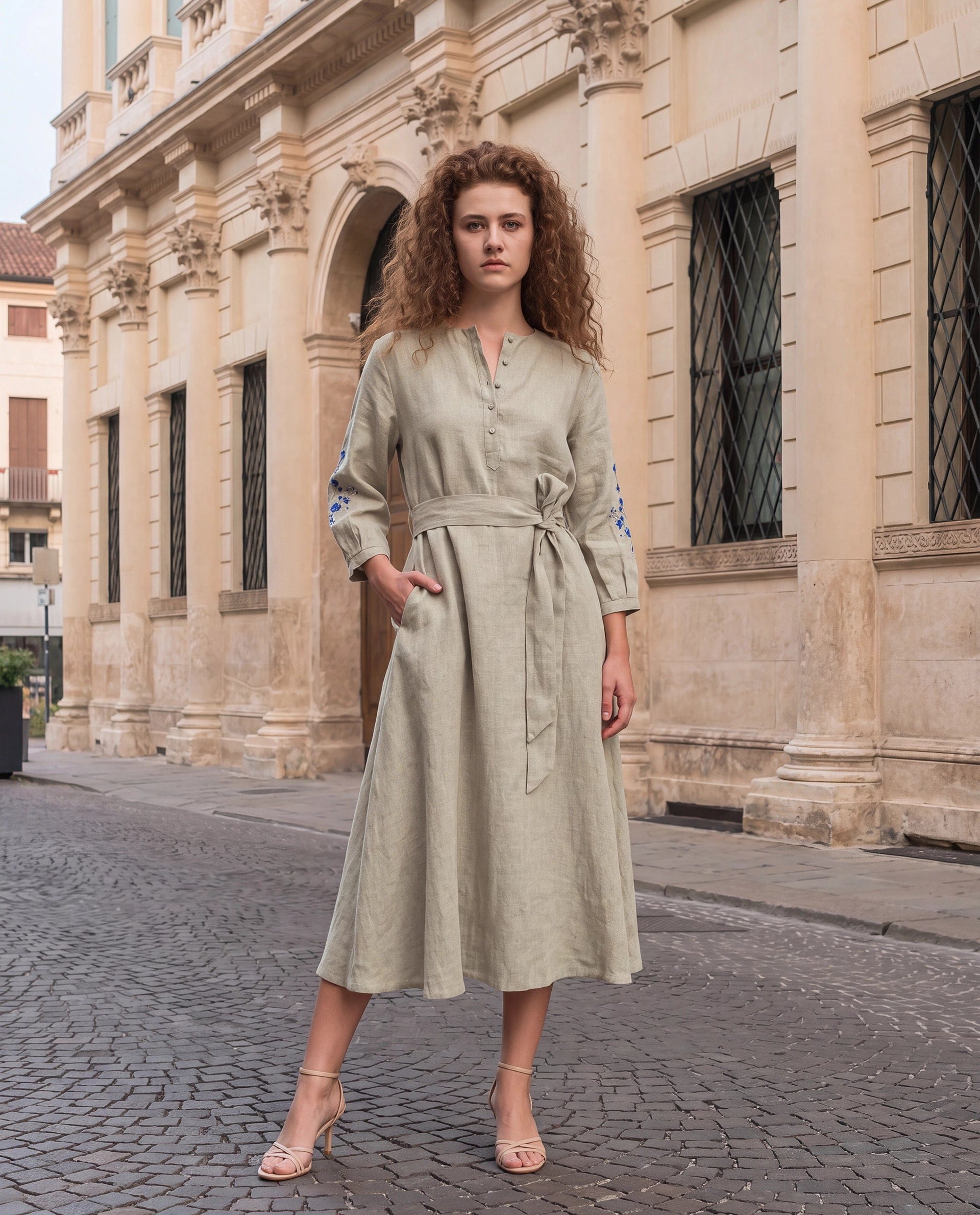 Rareism Women's Rubinot Dusky Beige 100% Linen Crew Neck Button A - Line Plain Dress