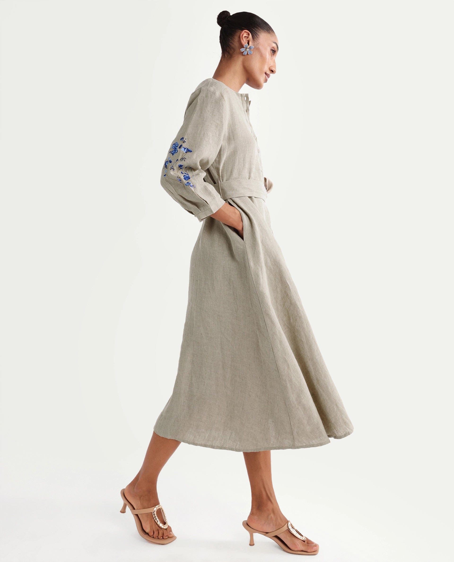 Rareism Women's Rubinot Dusky Beige 100% Linen Crew Neck Button A - Line Plain Dress