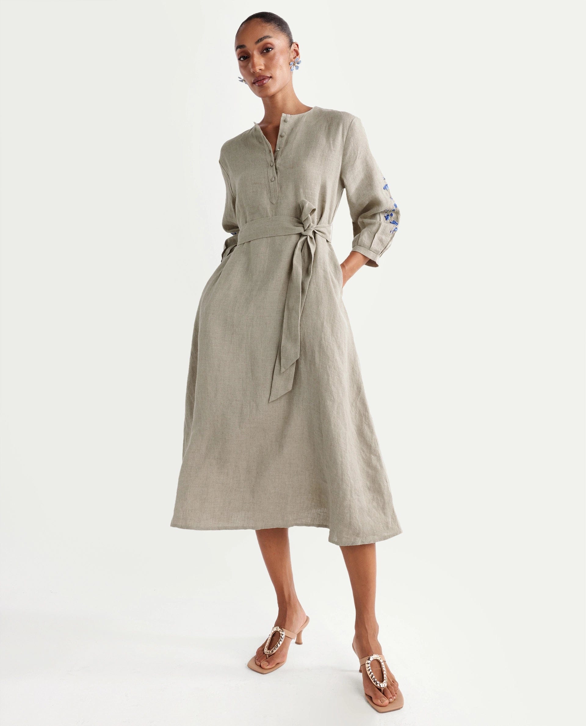 Rareism Women's Rubinot Dusky Beige 100% Linen Crew Neck Button A - Line Plain Dress
