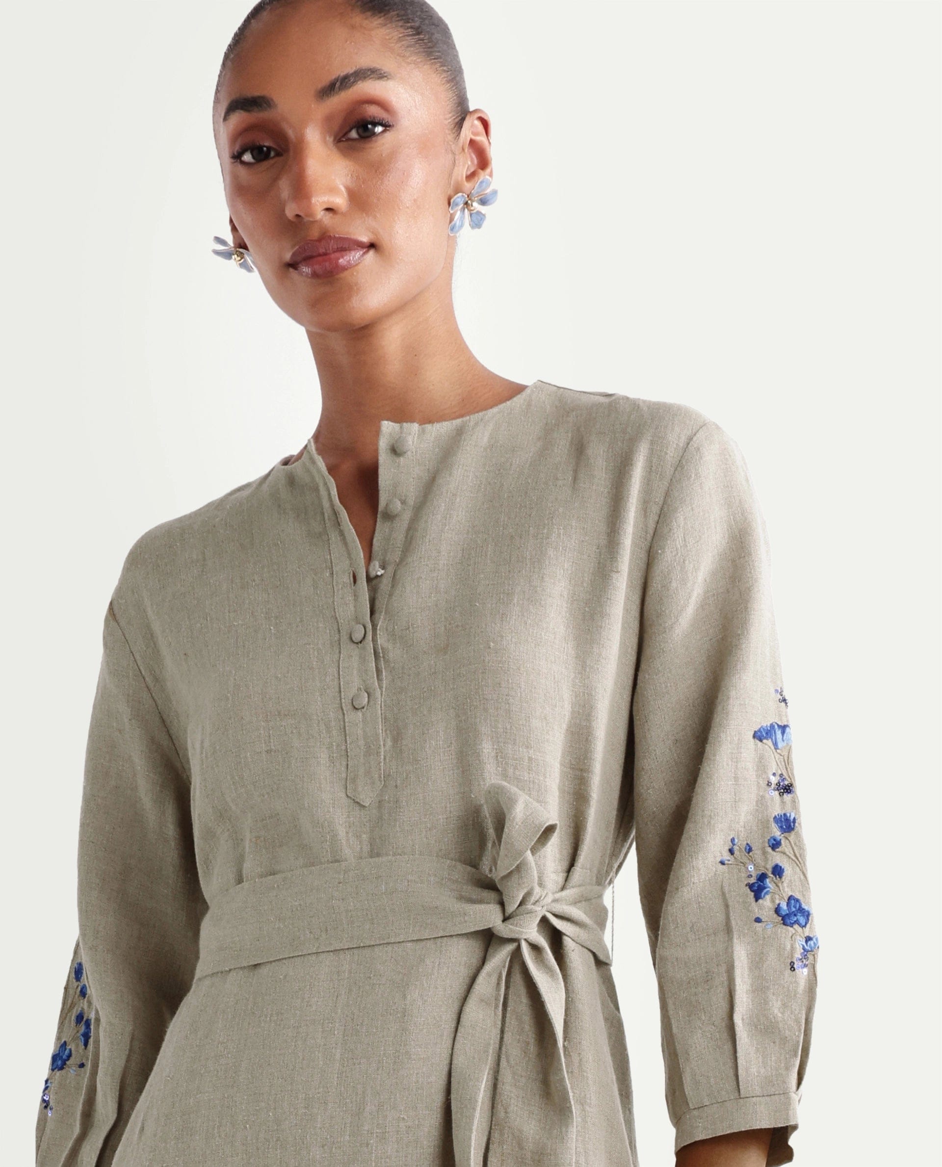 Rareism Women's Rubinot Dusky Beige 100% Linen Crew Neck Button A - Line Plain Dress