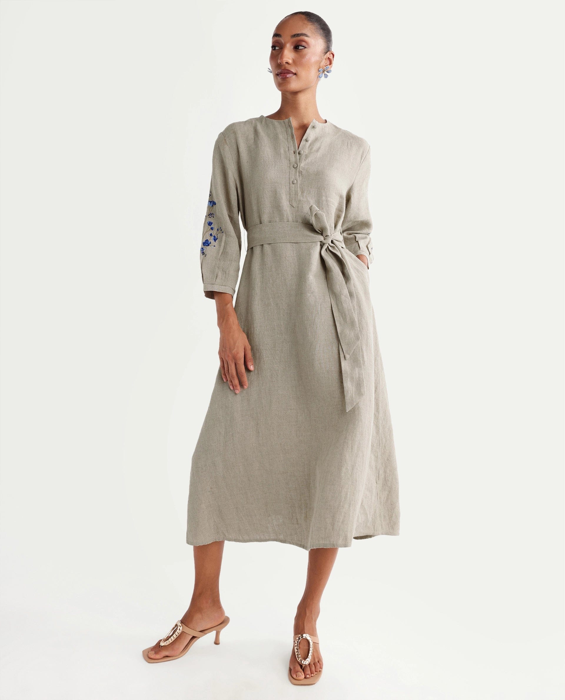 Rareism Women's Rubinot Dusky Beige 100% Linen Crew Neck Button A - Line Plain Dress