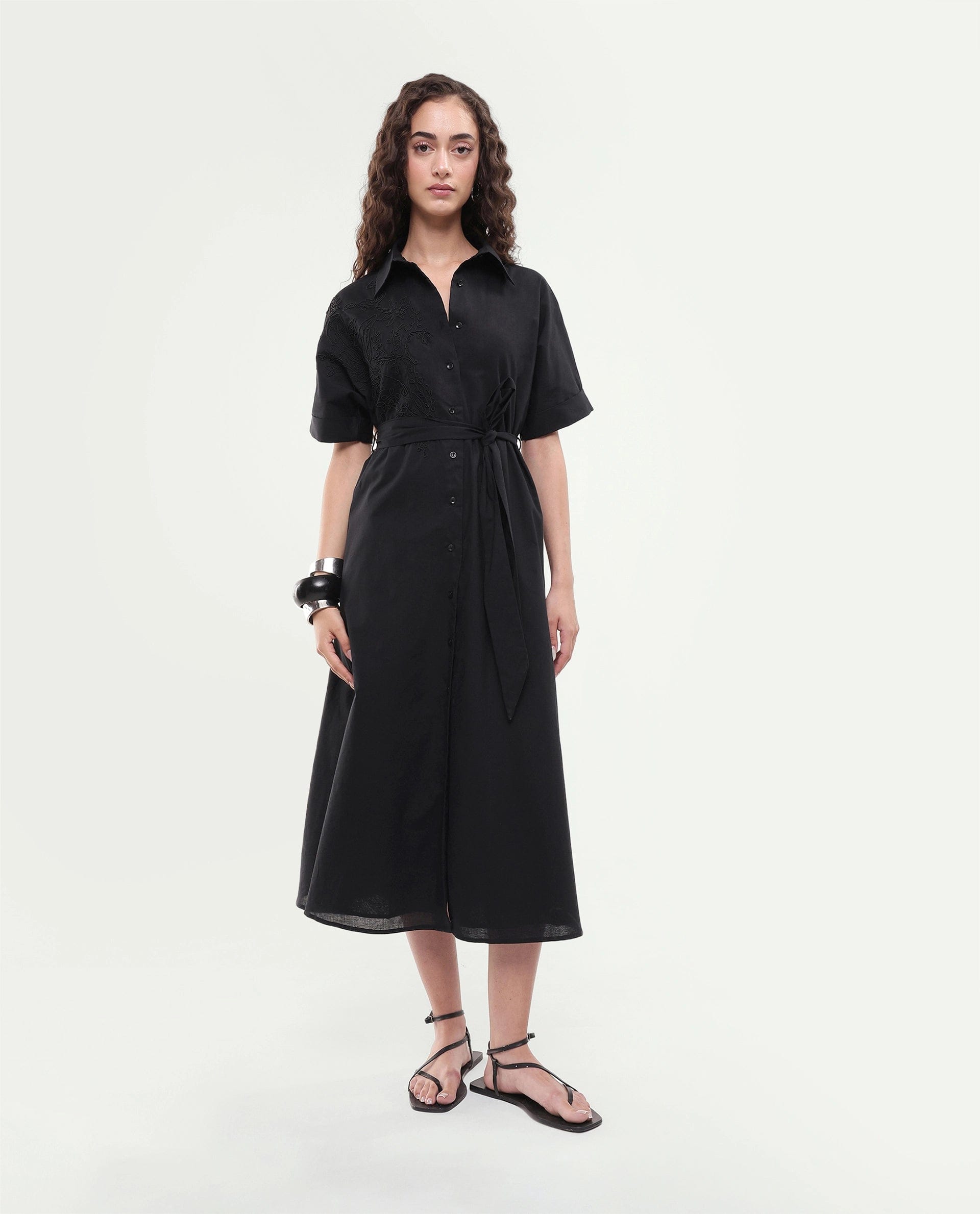 Rareism Women's Tormin Black Cotton Spread Collar Button Regular Embroidered Dress
