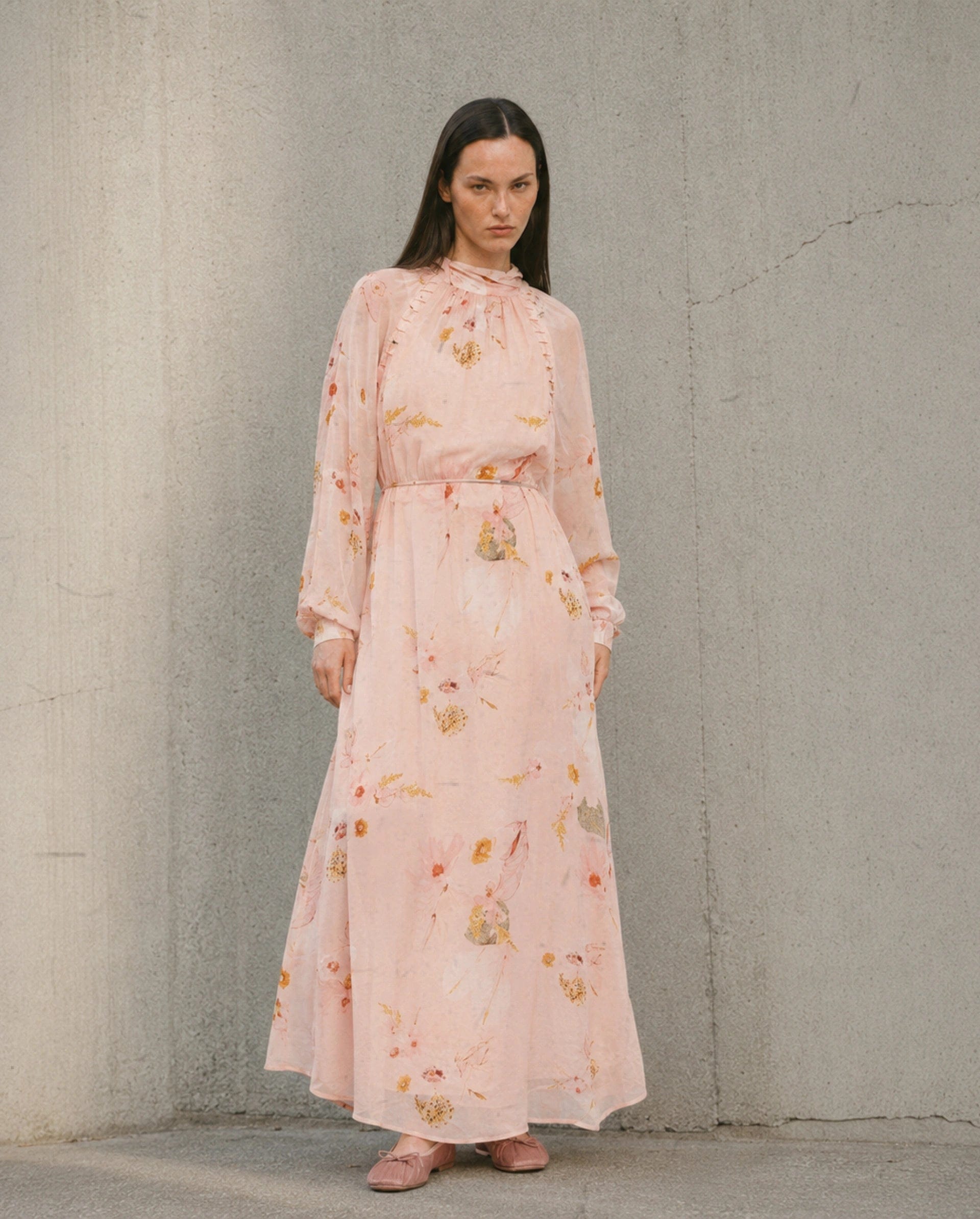 Rareism Women's Rumink Pastel Pink Viscose Band Collar Button A - Line Printed Dress
