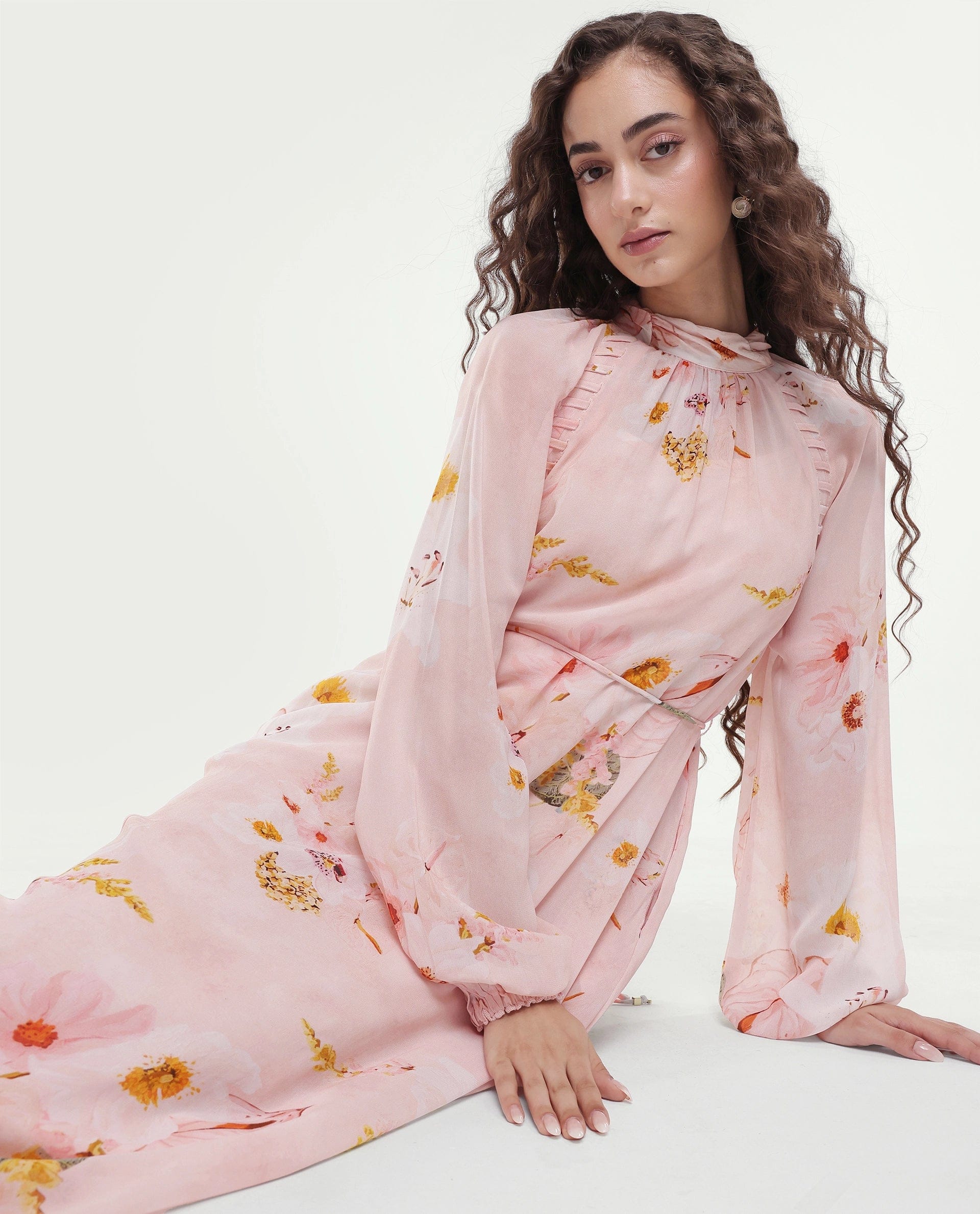 Rareism Women's Rumink Pastel Pink Viscose Band Collar Button A - Line Printed Dress