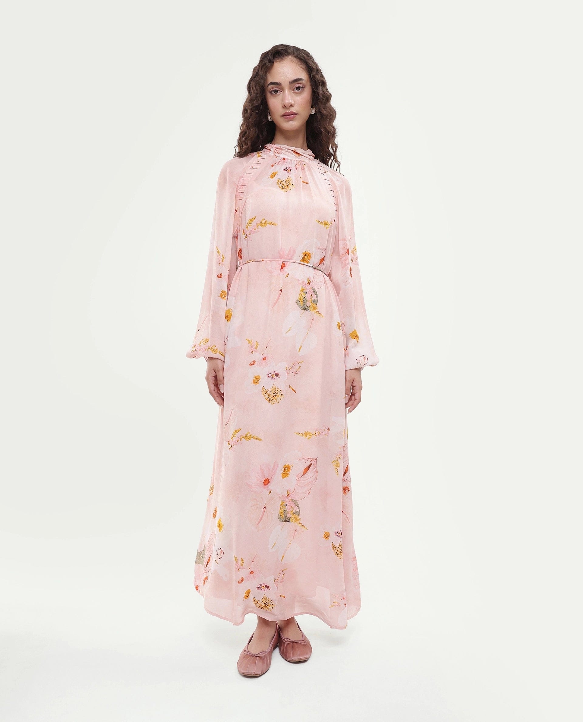 Rareism Women's Rumink Pastel Pink Viscose Band Collar Button A - Line Printed Dress