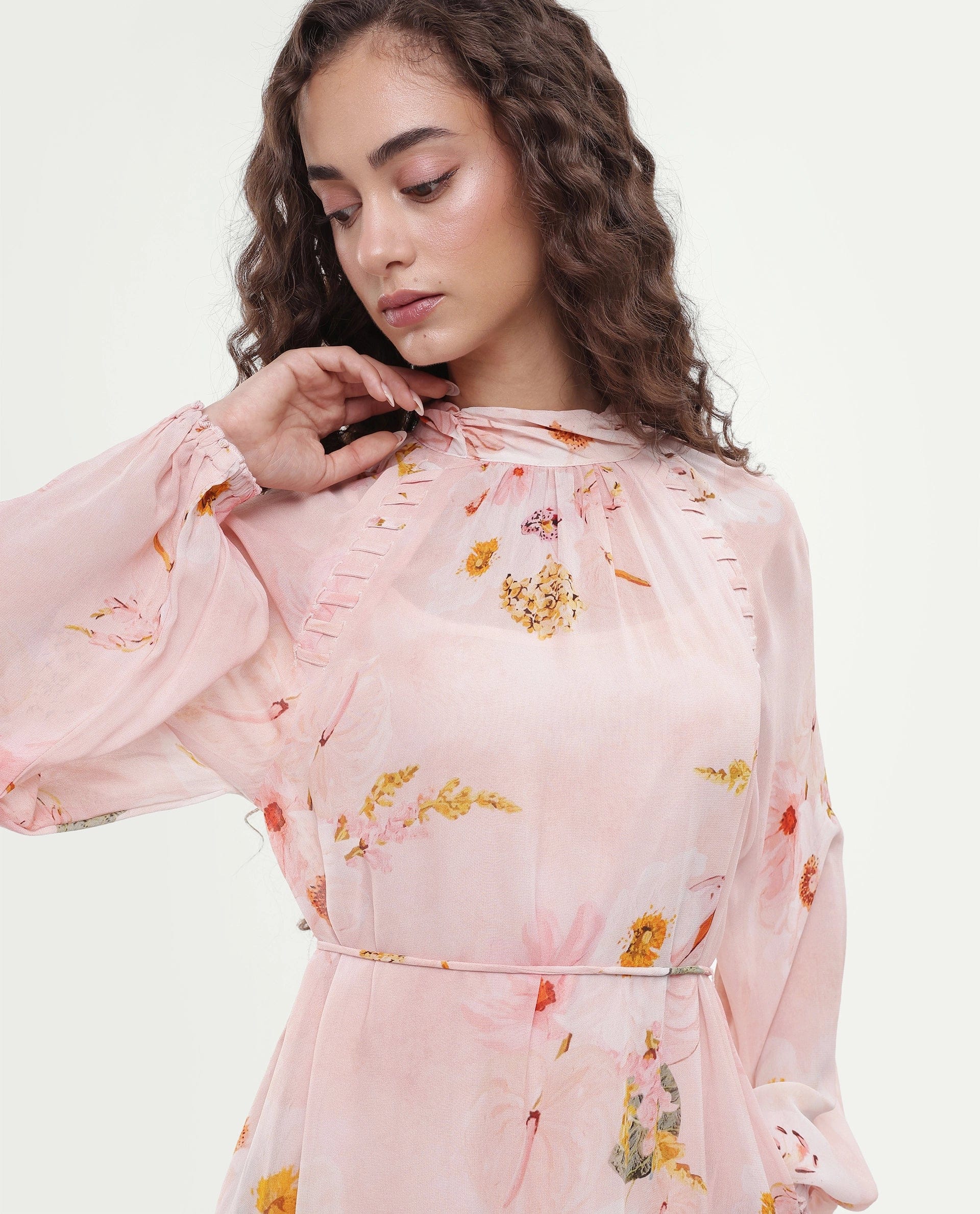 Rareism Women's Rumink Pastel Pink Viscose Band Collar Button A - Line Printed Dress