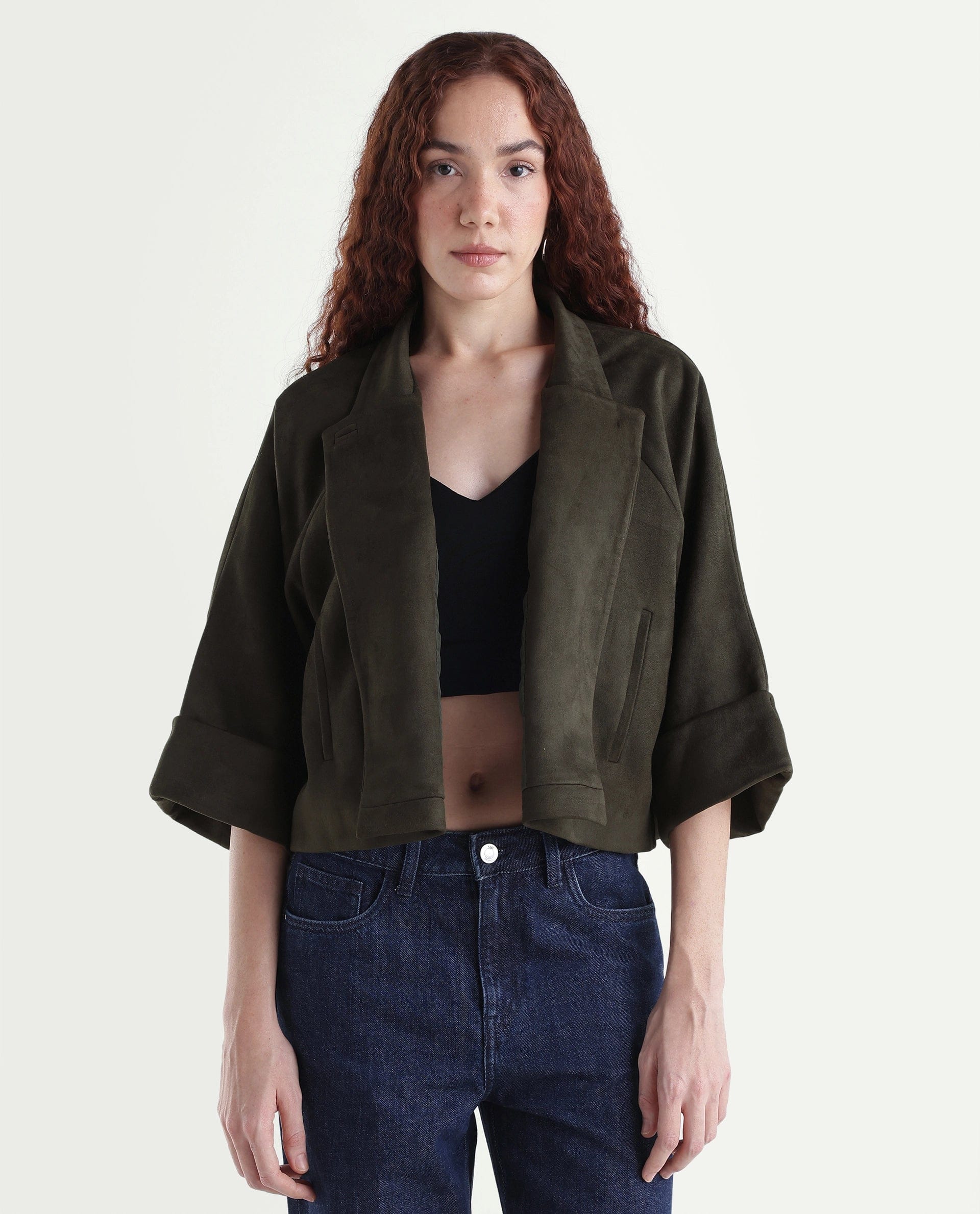 Rareism Women's Vacape Olive Plain Polyester Blend Relaxed Three Quarter Sleeve Jacket