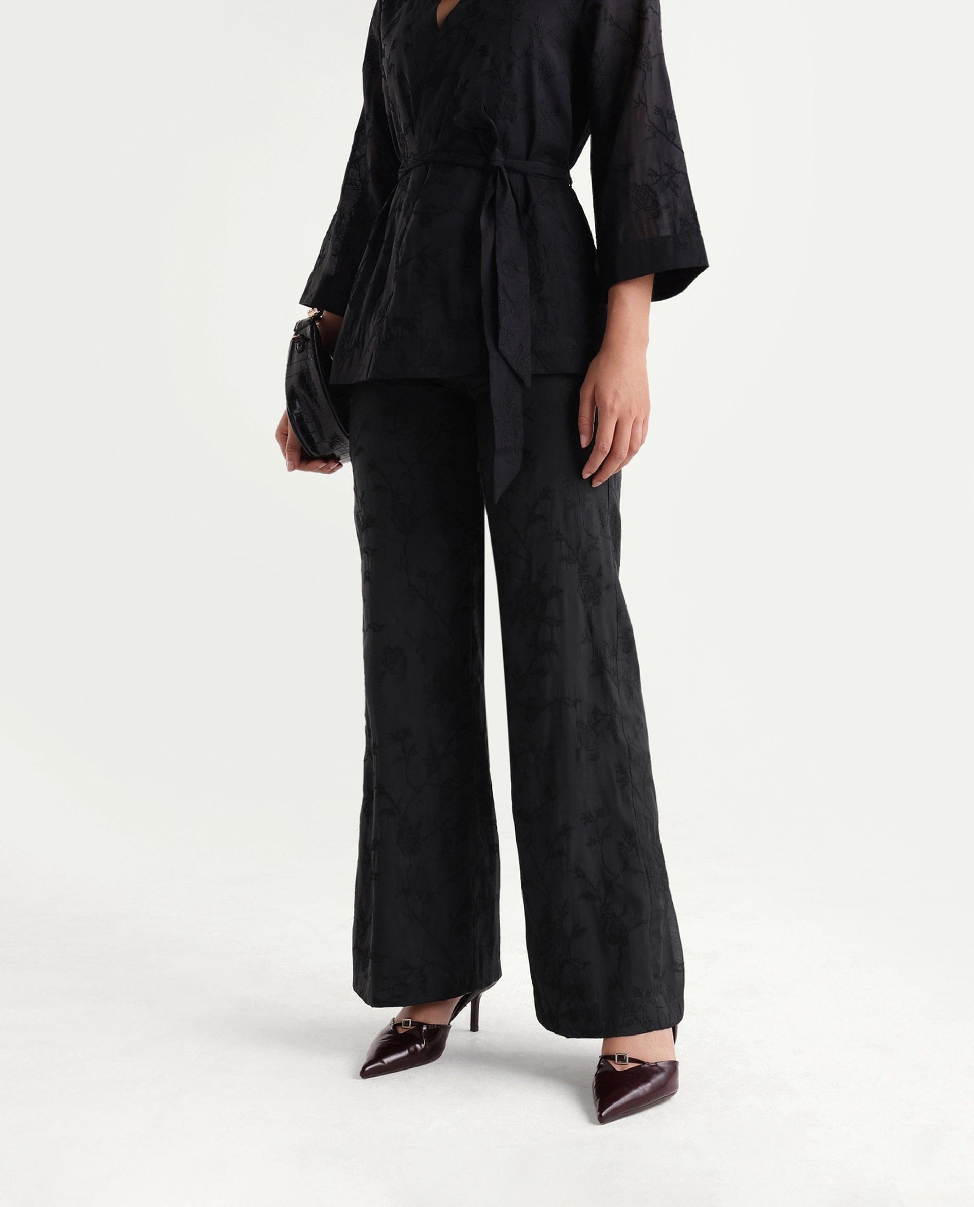 Rareism Women's Tezo - B Black Self Design Viscose Wide Leg Regular Trouser