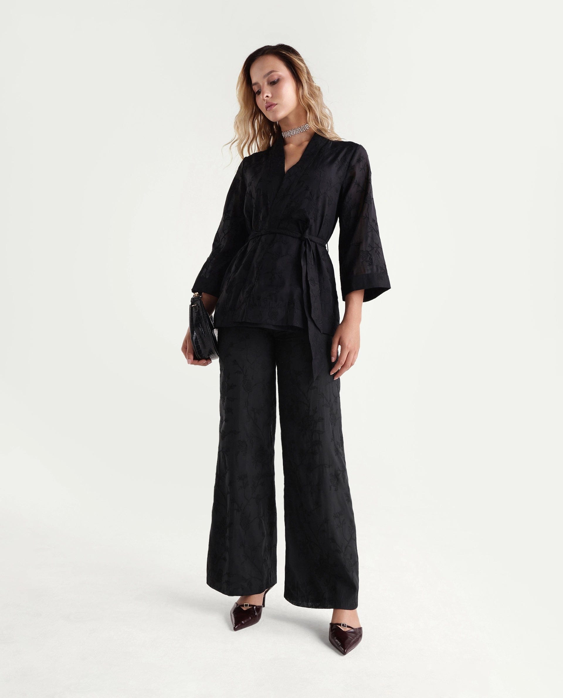 Rareism Women's Tezo - B Black Self Design Viscose Wide Leg Regular Trouser
