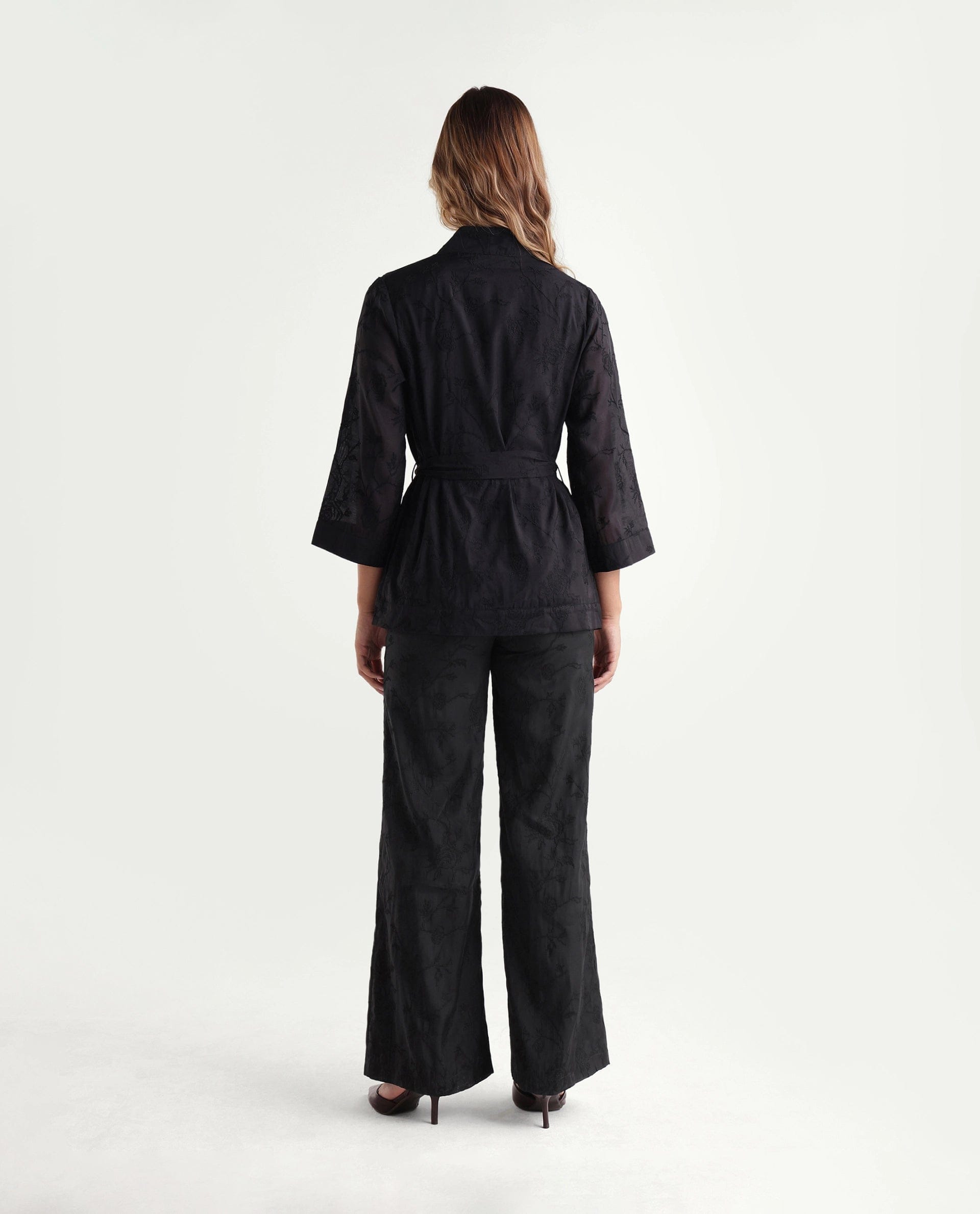 Rareism Women's Tezo - B Black Self Design Viscose Wide Leg Regular Trouser