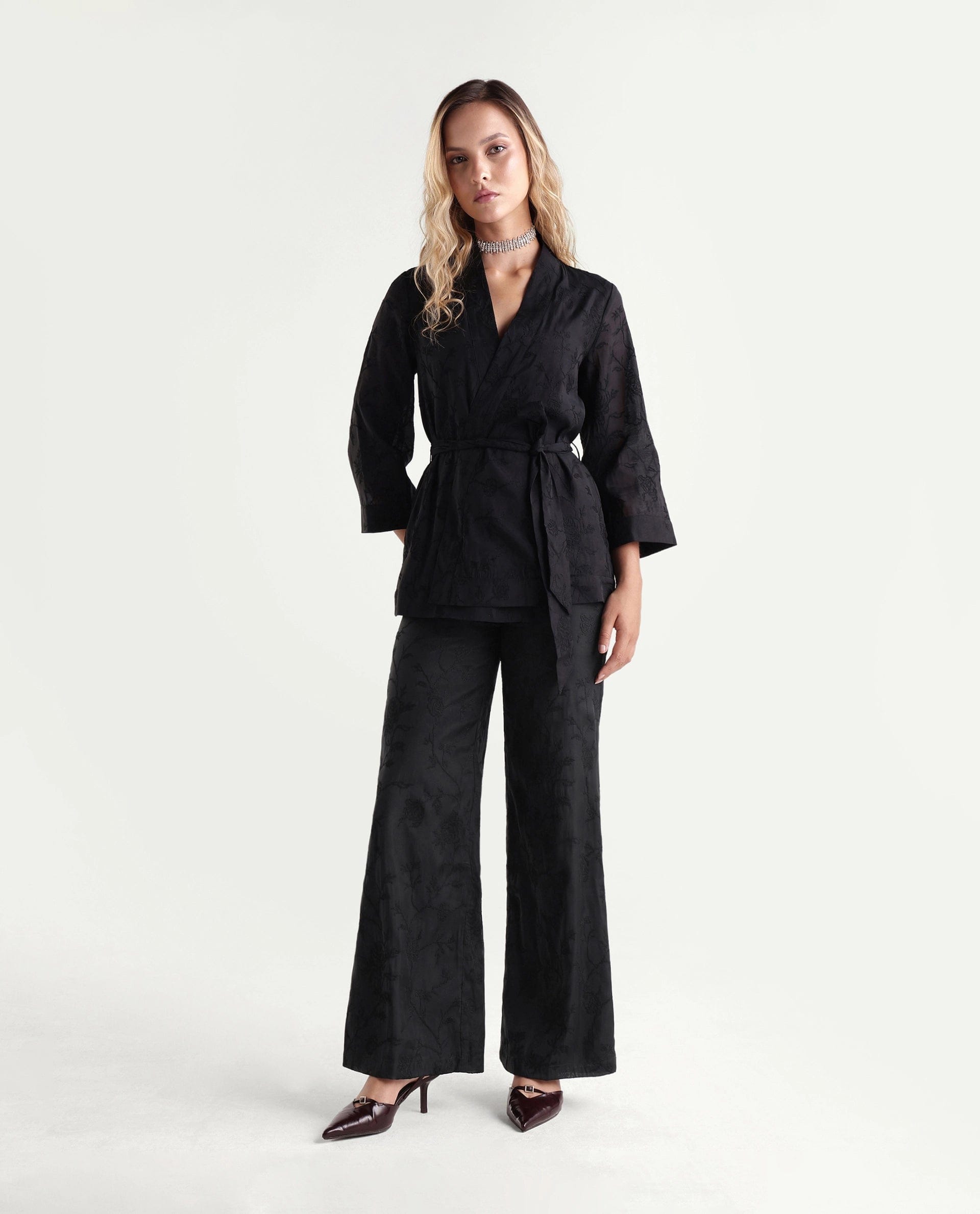 Rareism Women's Tezo - B Black Self Design Viscose Wide Leg Regular Trouser
