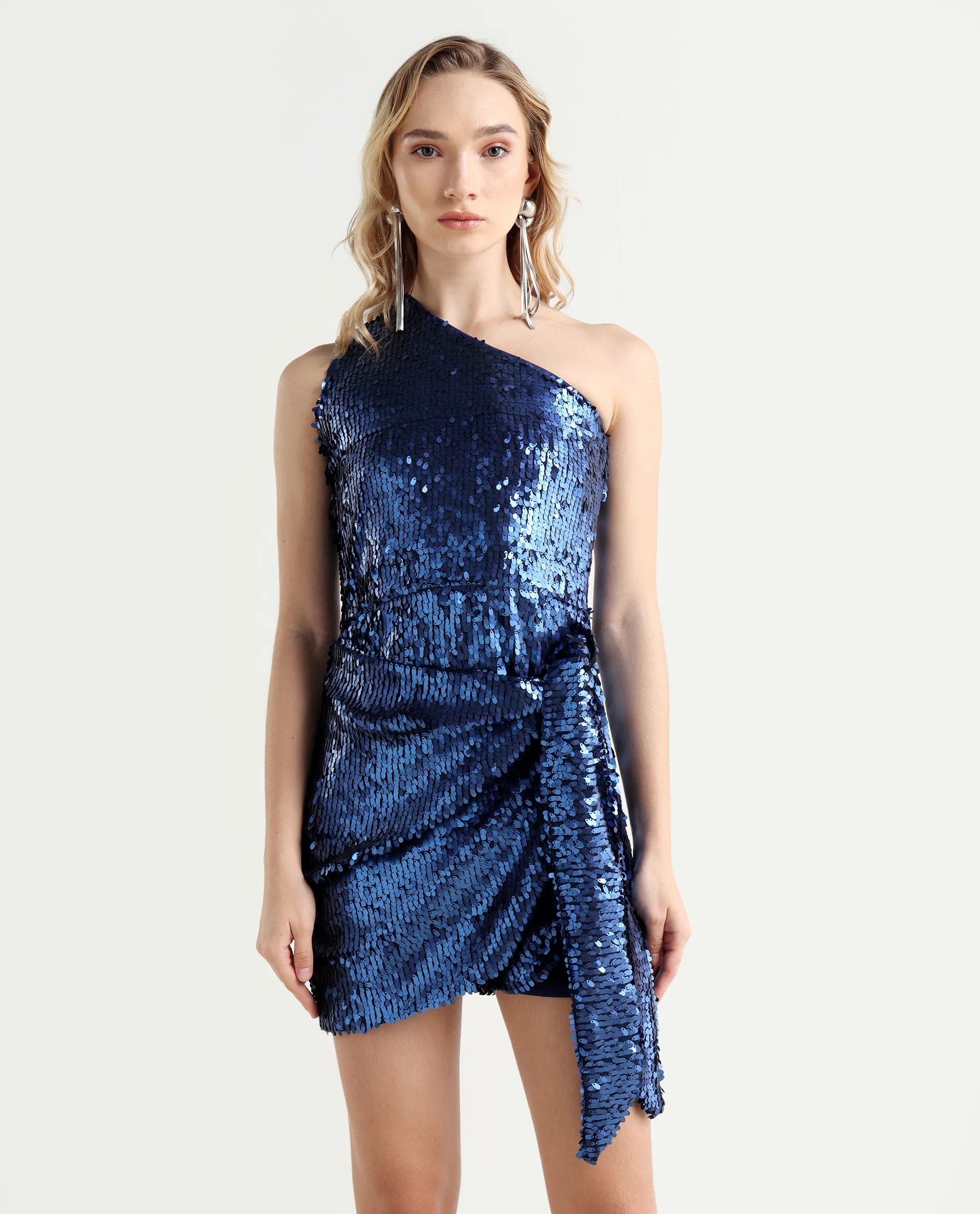 Rareism Women's Nala Sheen Blue Polyester Collarless Sequined Sleeveless Mini Regular Fit Dress