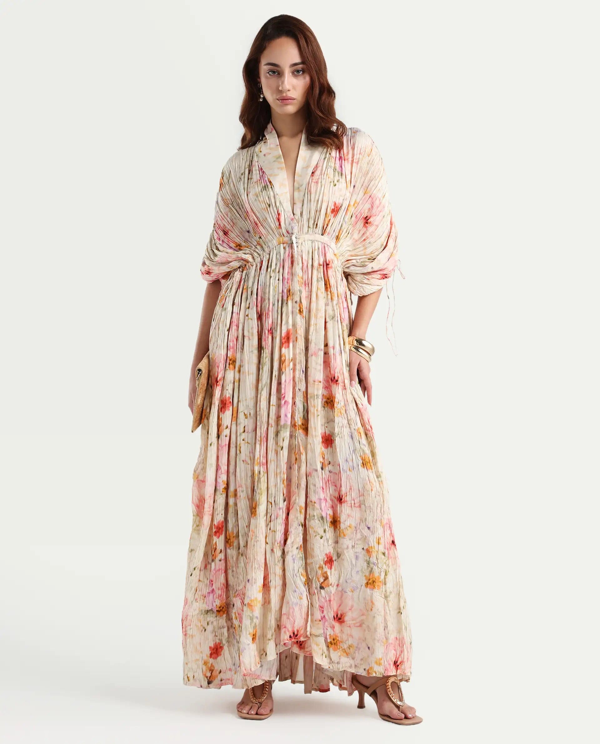 Rareism Women's Prenok Multi Viscose V - Neck Floral Print Kimono Sleeve Maxi Straight Fit Dress