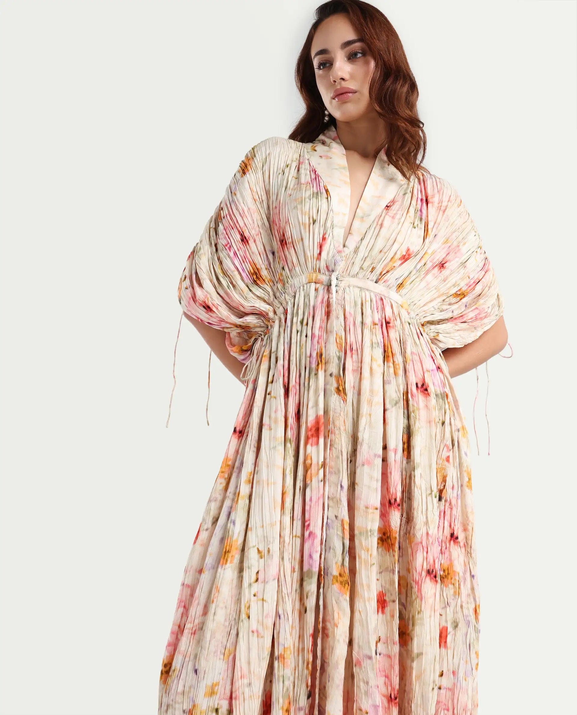 Rareism Women's Prenok Multi Viscose V - Neck Floral Print Kimono Sleeve Maxi Straight Fit Dress