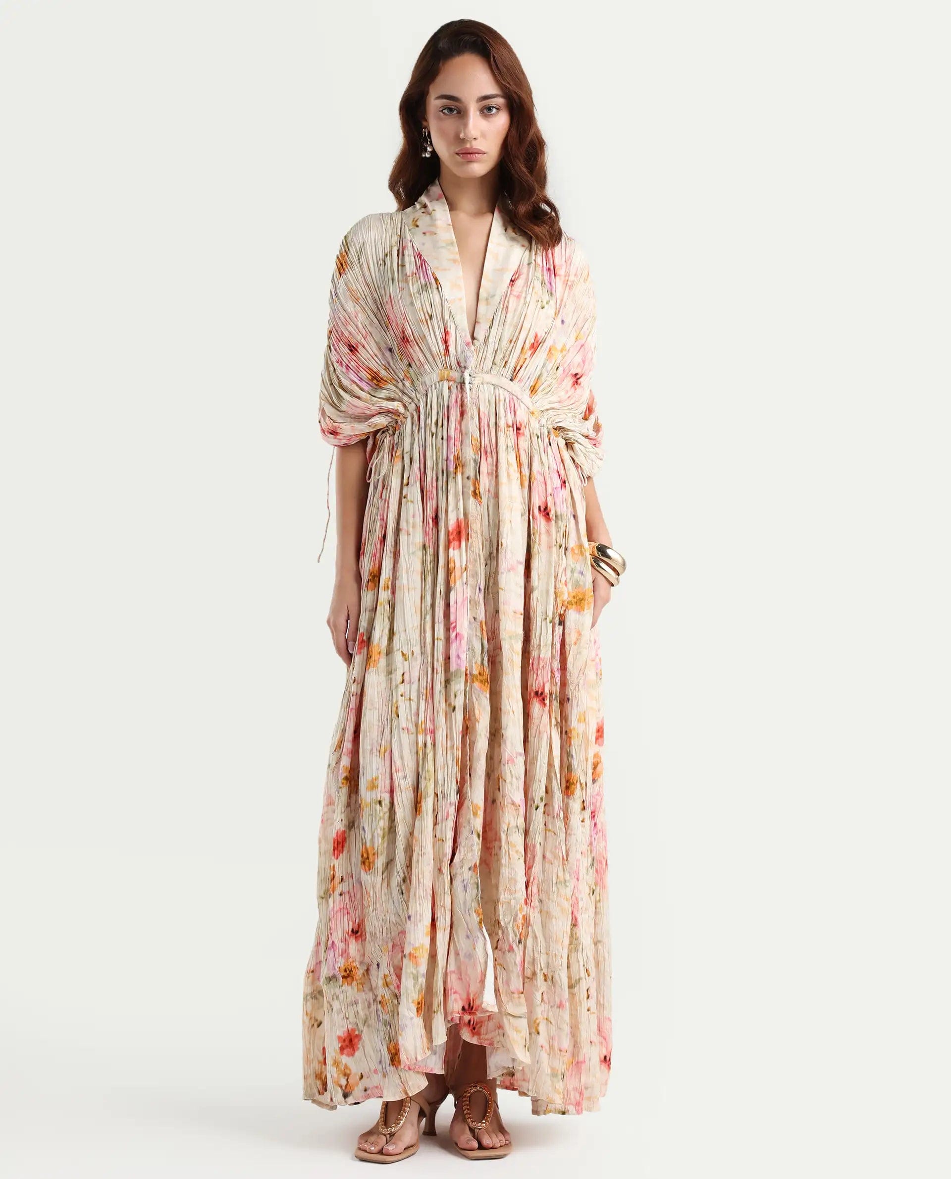 Rareism Women's Prenok Multi Viscose V - Neck Floral Print Kimono Sleeve Maxi Straight Fit Dress