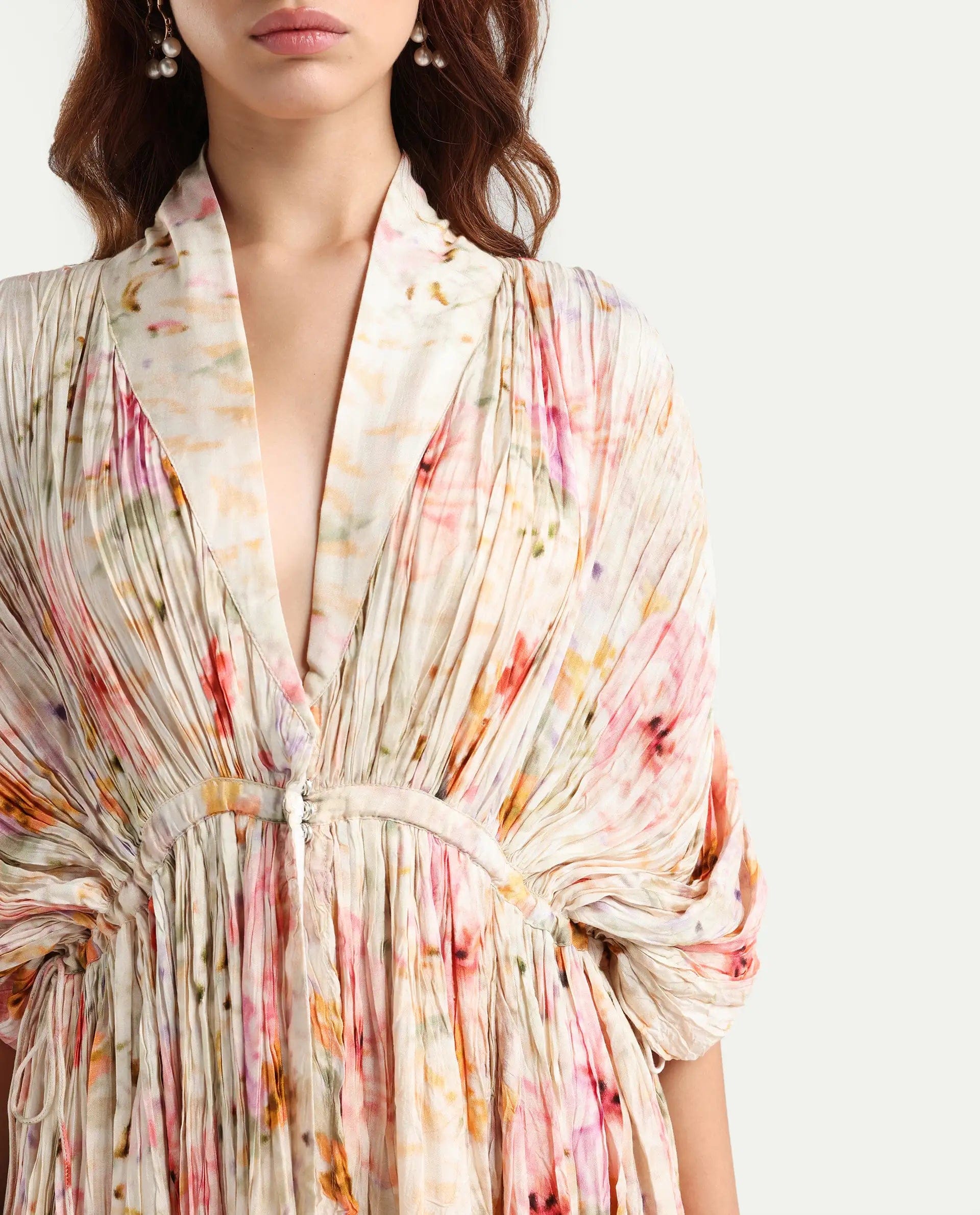 Rareism Women's Prenok Multi Viscose V - Neck Floral Print Kimono Sleeve Maxi Straight Fit Dress