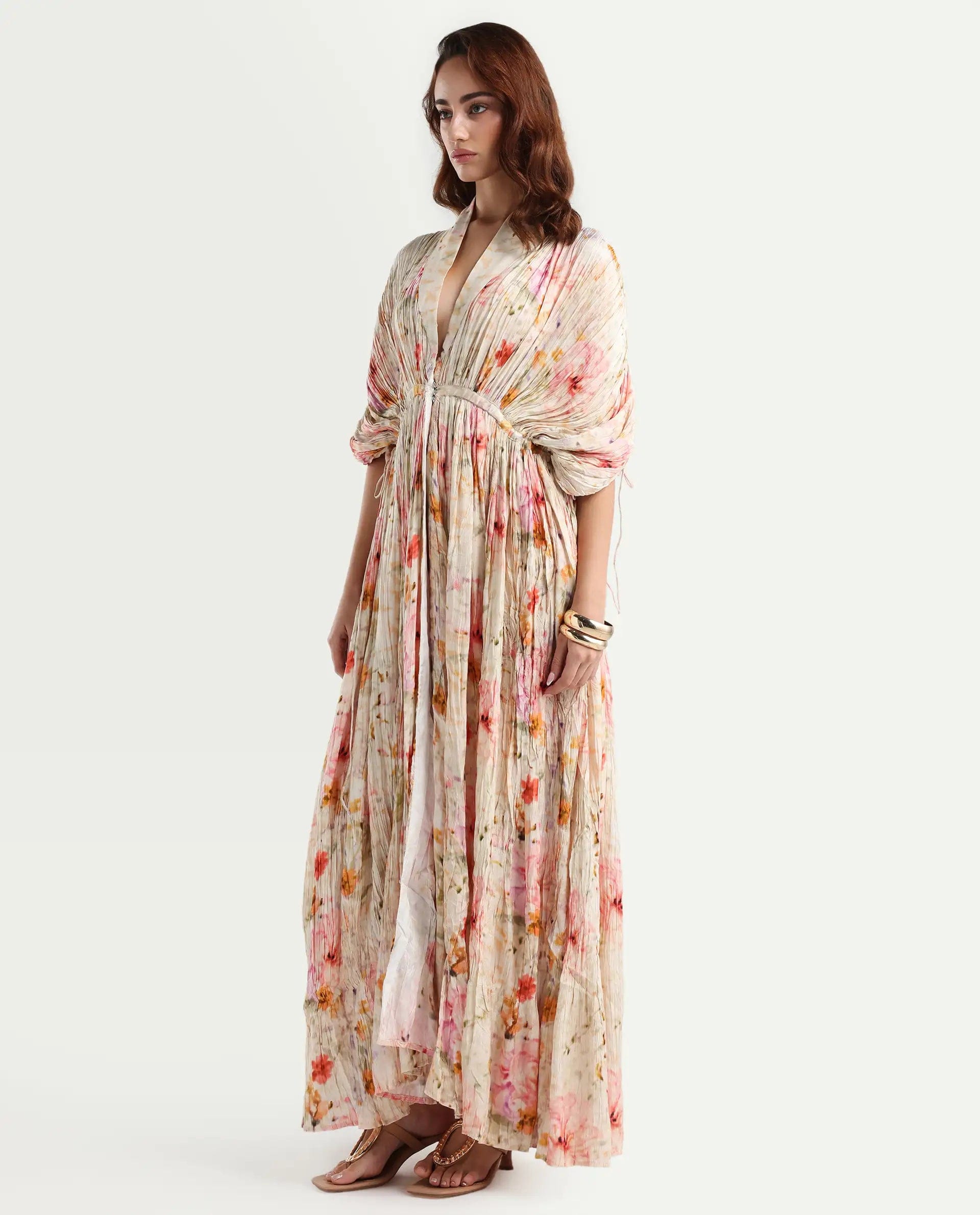 Rareism Women's Prenok Multi Viscose V - Neck Floral Print Kimono Sleeve Maxi Straight Fit Dress