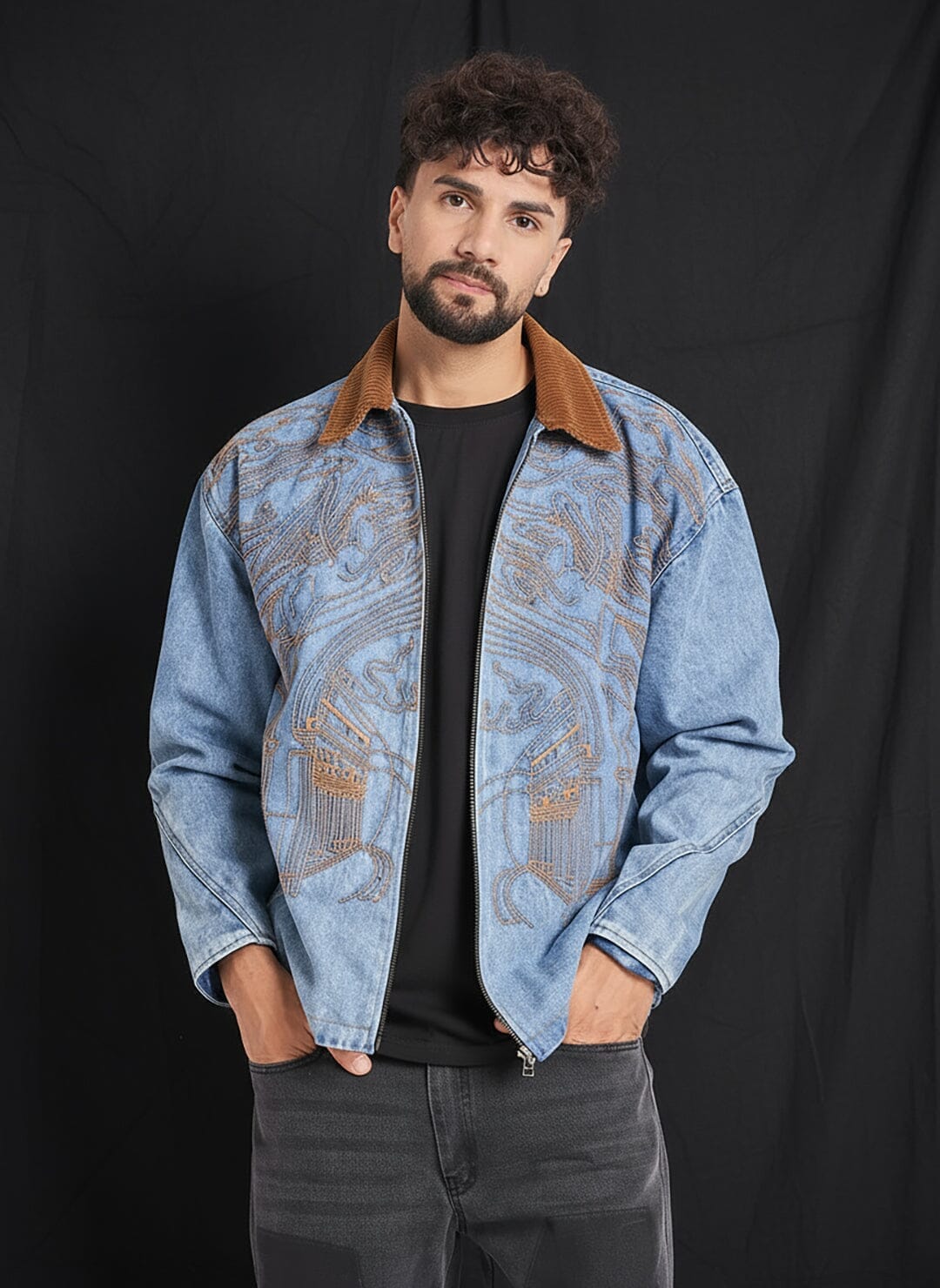 Ice Lineart Embriodery Harrington Denim Jacket