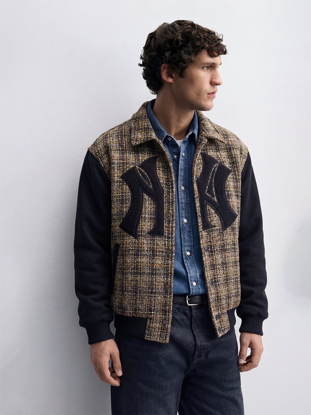 Yellow Tweed Ny Applique Bomber Jacket