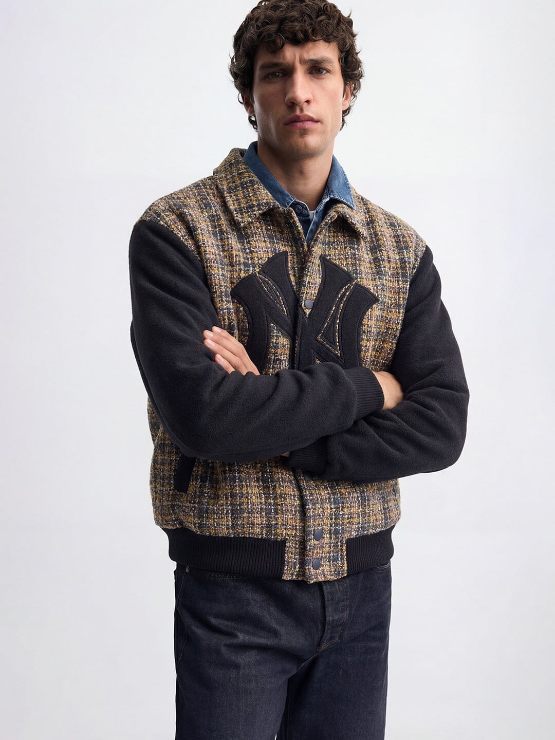 Yellow Tweed Ny Applique Bomber Jacket