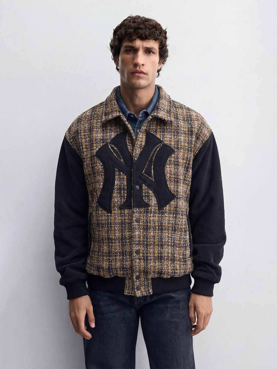 Yellow Tweed Ny Applique Bomber Jacket