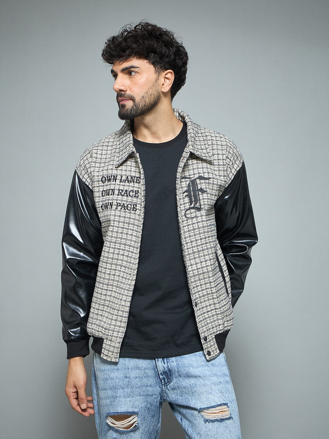 Fugazee Checkered Tweed Embroidered Varsity Jacket