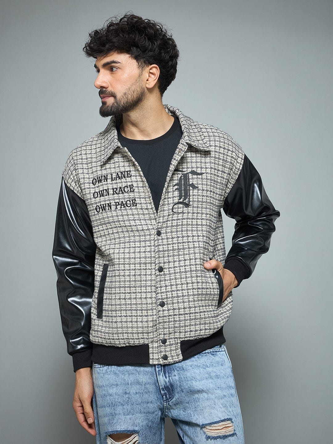 Fugazee Checkered Tweed Embroidered Varsity Jacket