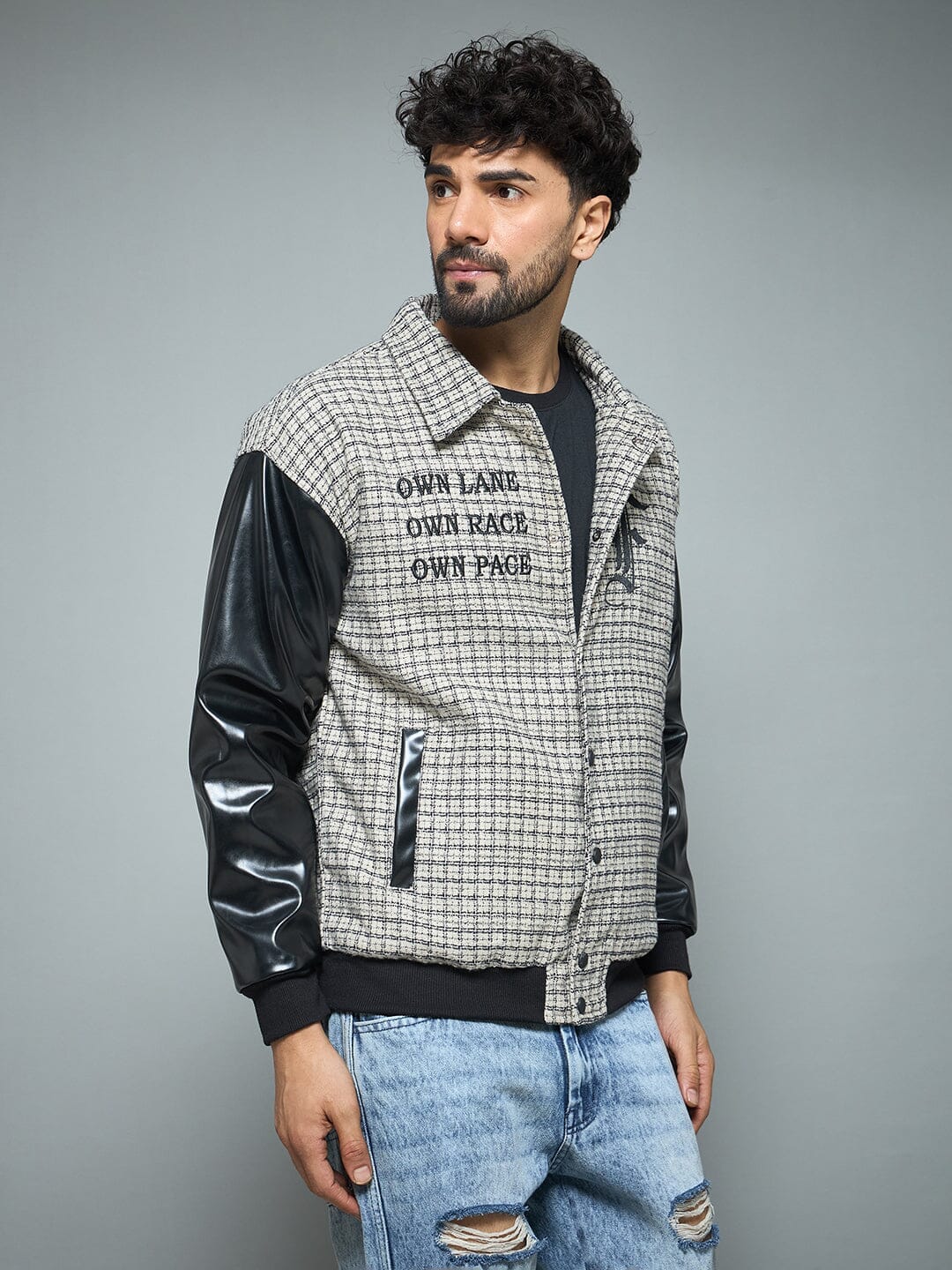 Fugazee Checkered Tweed Embroidered Varsity Jacket