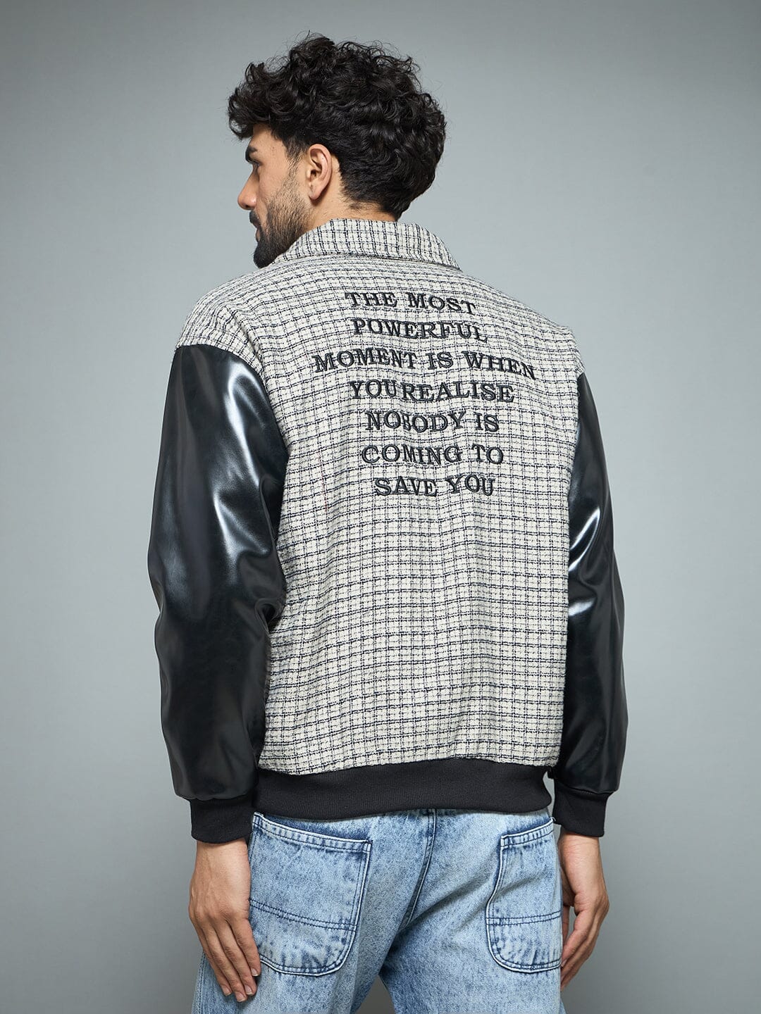 Fugazee Checkered Tweed Embroidered Varsity Jacket