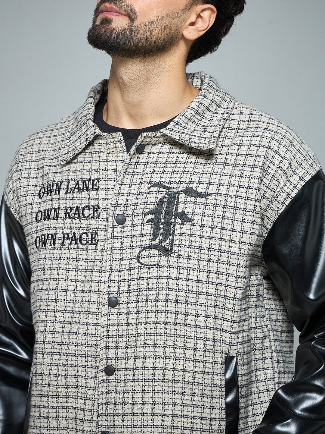 Fugazee Checkered Tweed Embroidered Varsity Jacket