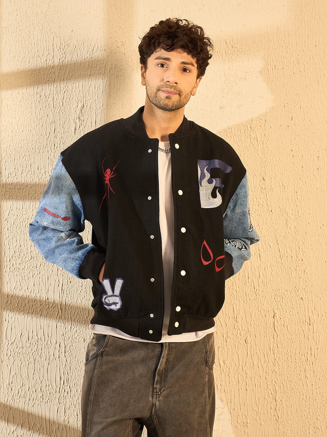 Fugazee Black Woollen Tattooed Jacket With Denim Sleeves