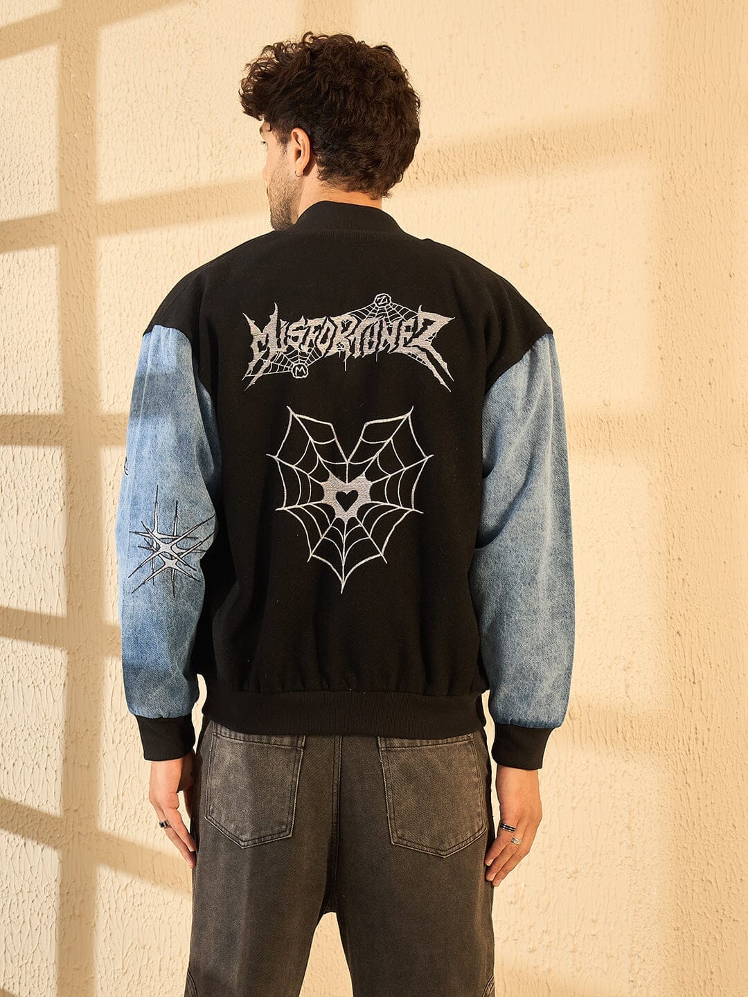 Fugazee Black Woollen Tattooed Jacket With Denim Sleeves