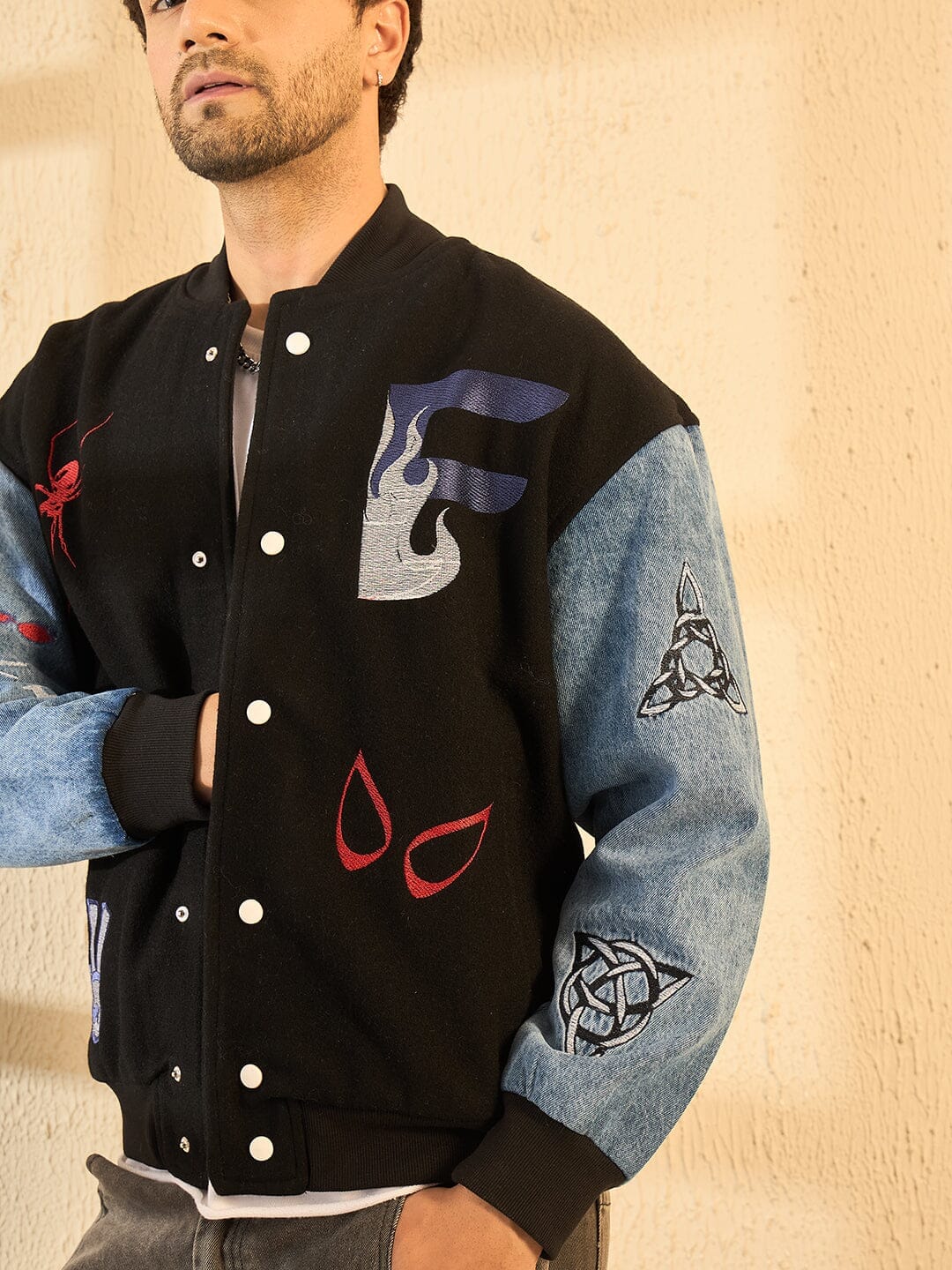 Fugazee Black Woollen Tattooed Jacket With Denim Sleeves