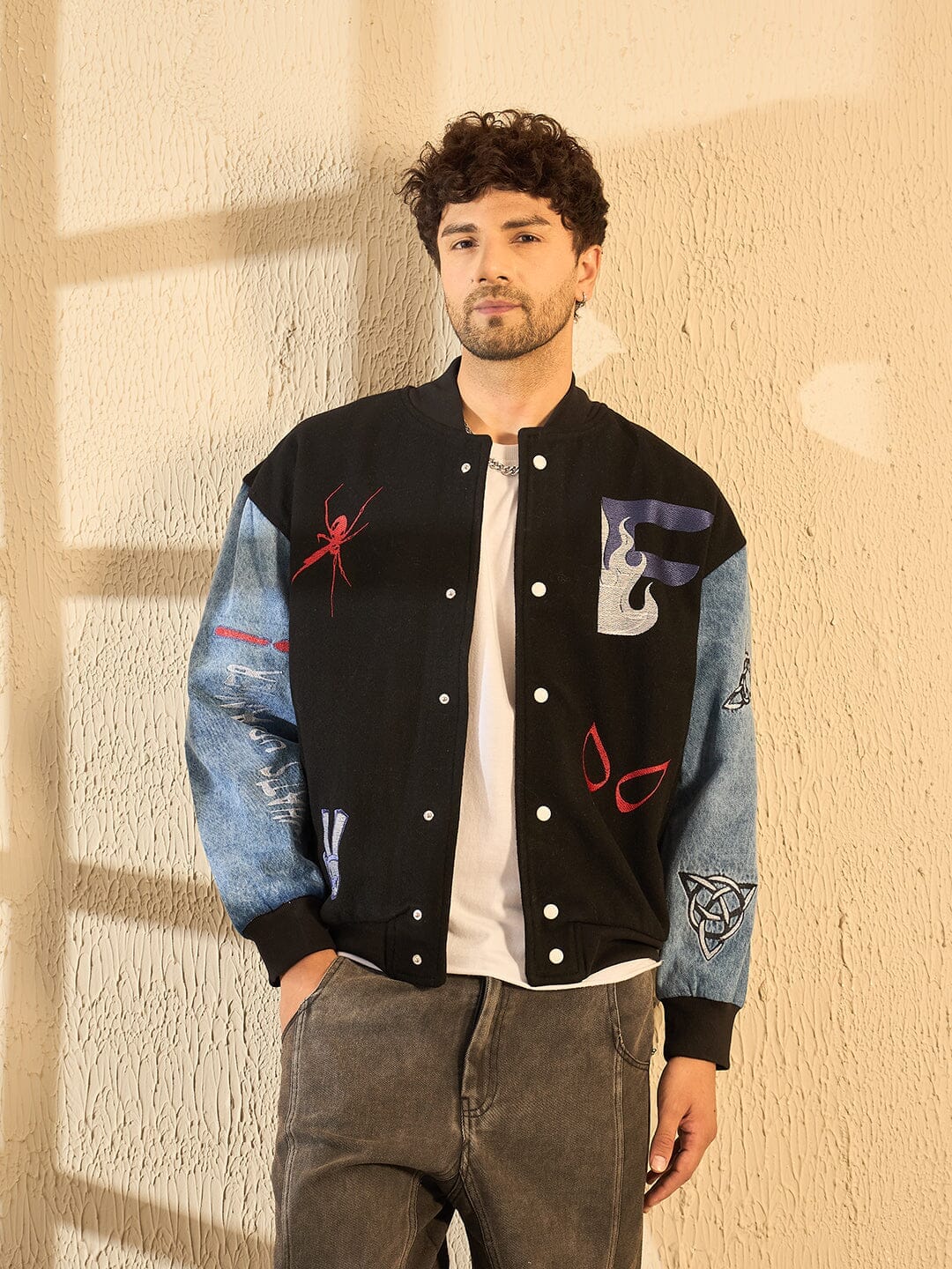 Fugazee Black Woollen Tattooed Jacket With Denim Sleeves